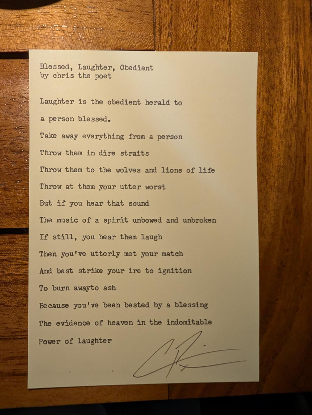 Original typewritten poem Blessed, Laughter, Obedient by Chris the Poet