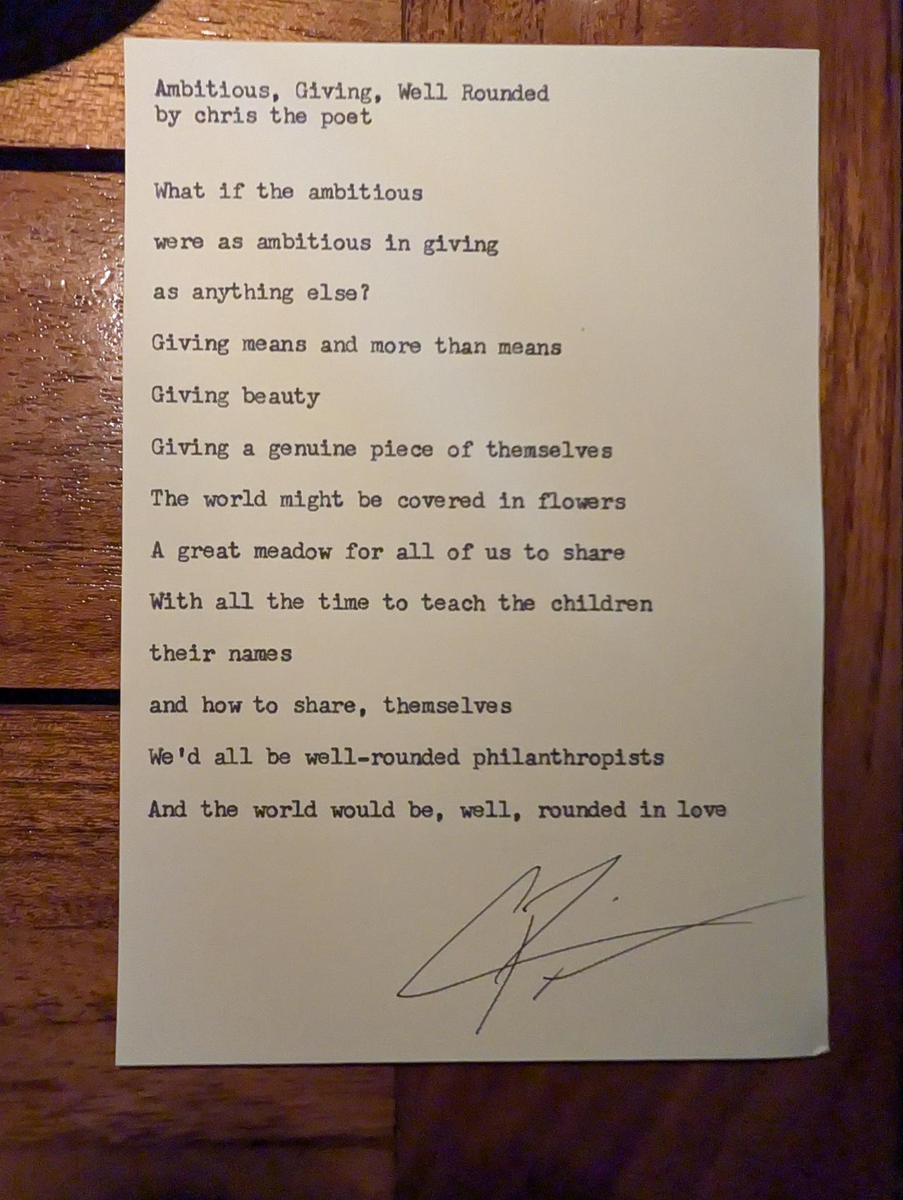 Original typewritten poem Ambitious, Giving, Well Rounded by Chris the Poet