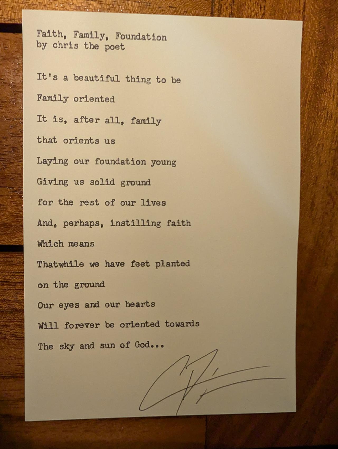 Original typewritten poem Faith, Family, Foundation by Chris the Poet