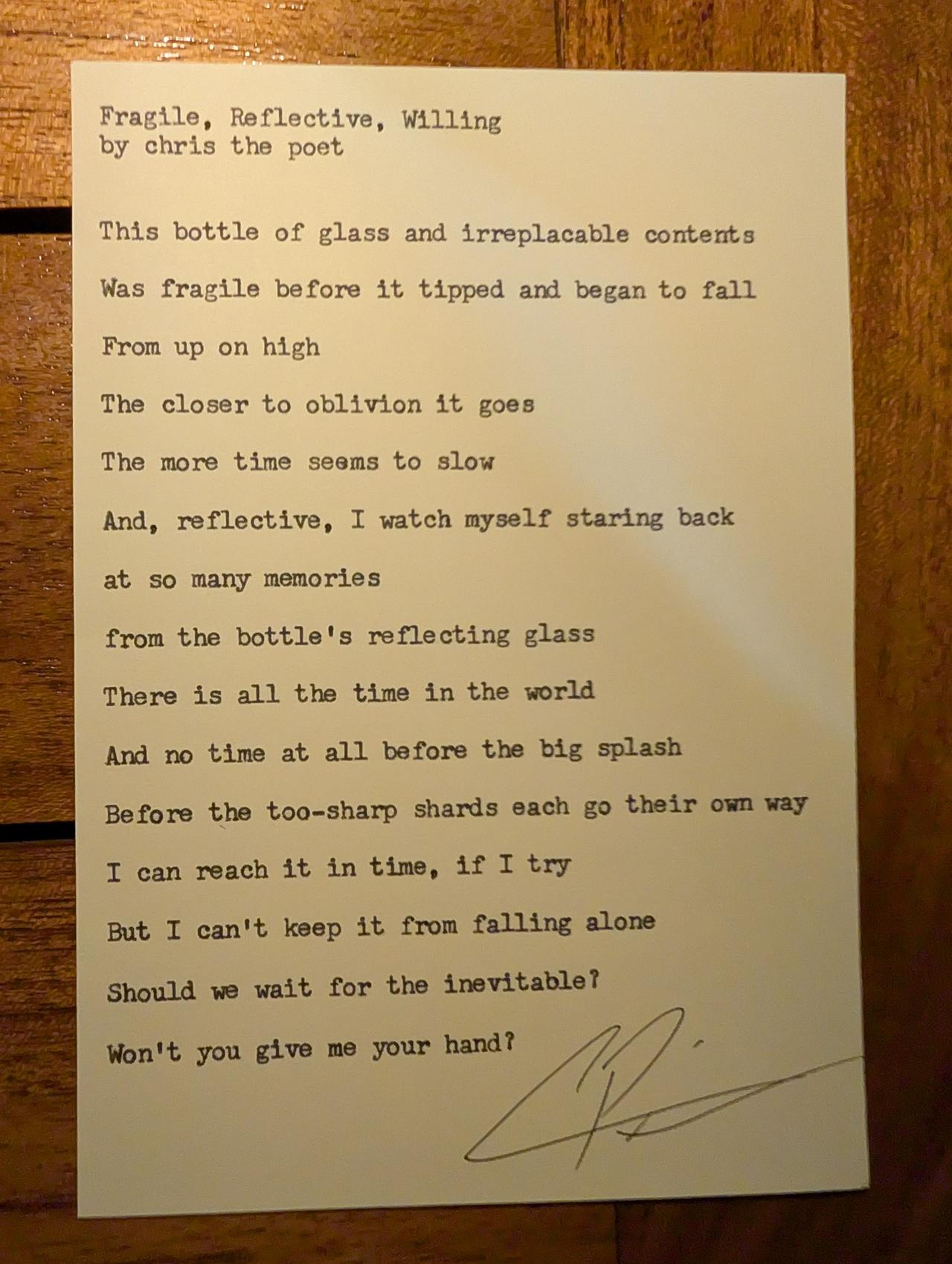 Original typewritten poem Fragile, Reflective, Willing by Chris the Poet