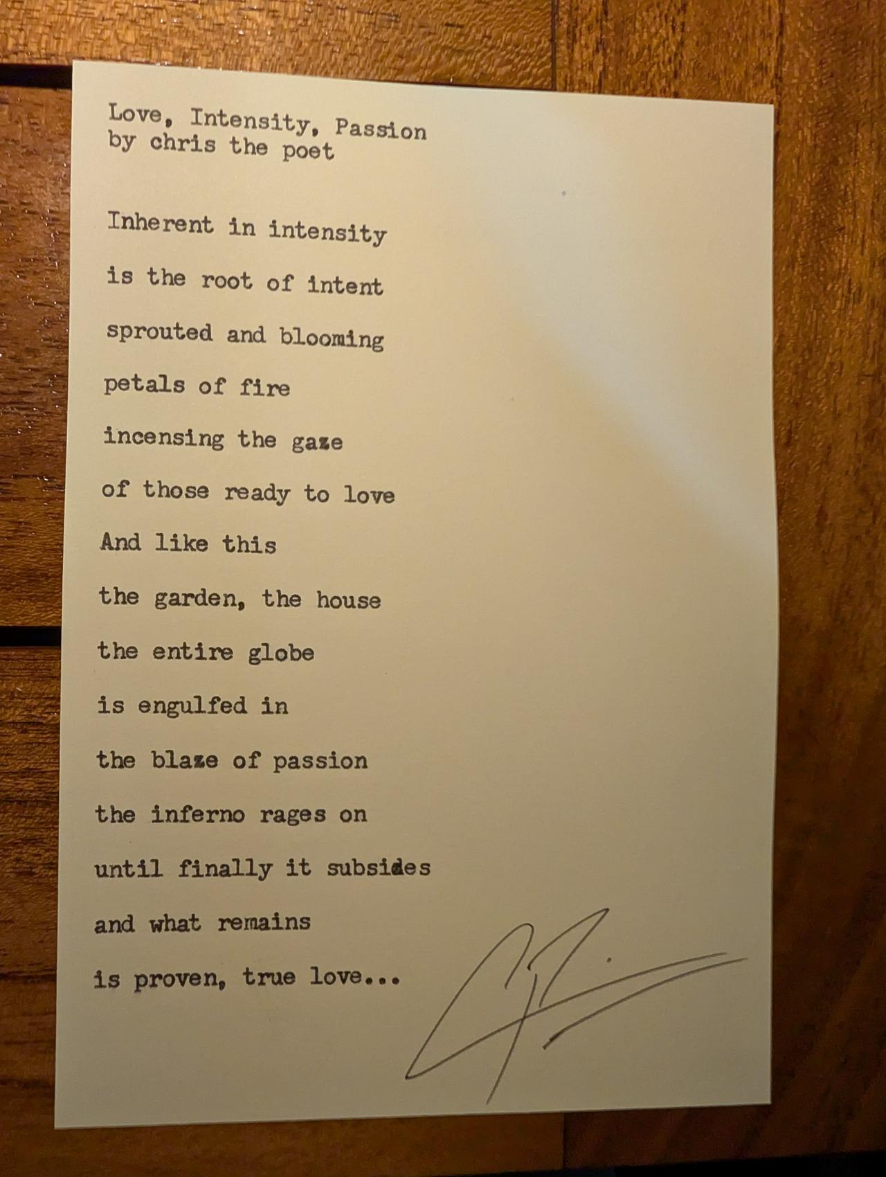 Original typewritten poem Love, Intensity, Passion by Chris the Poet