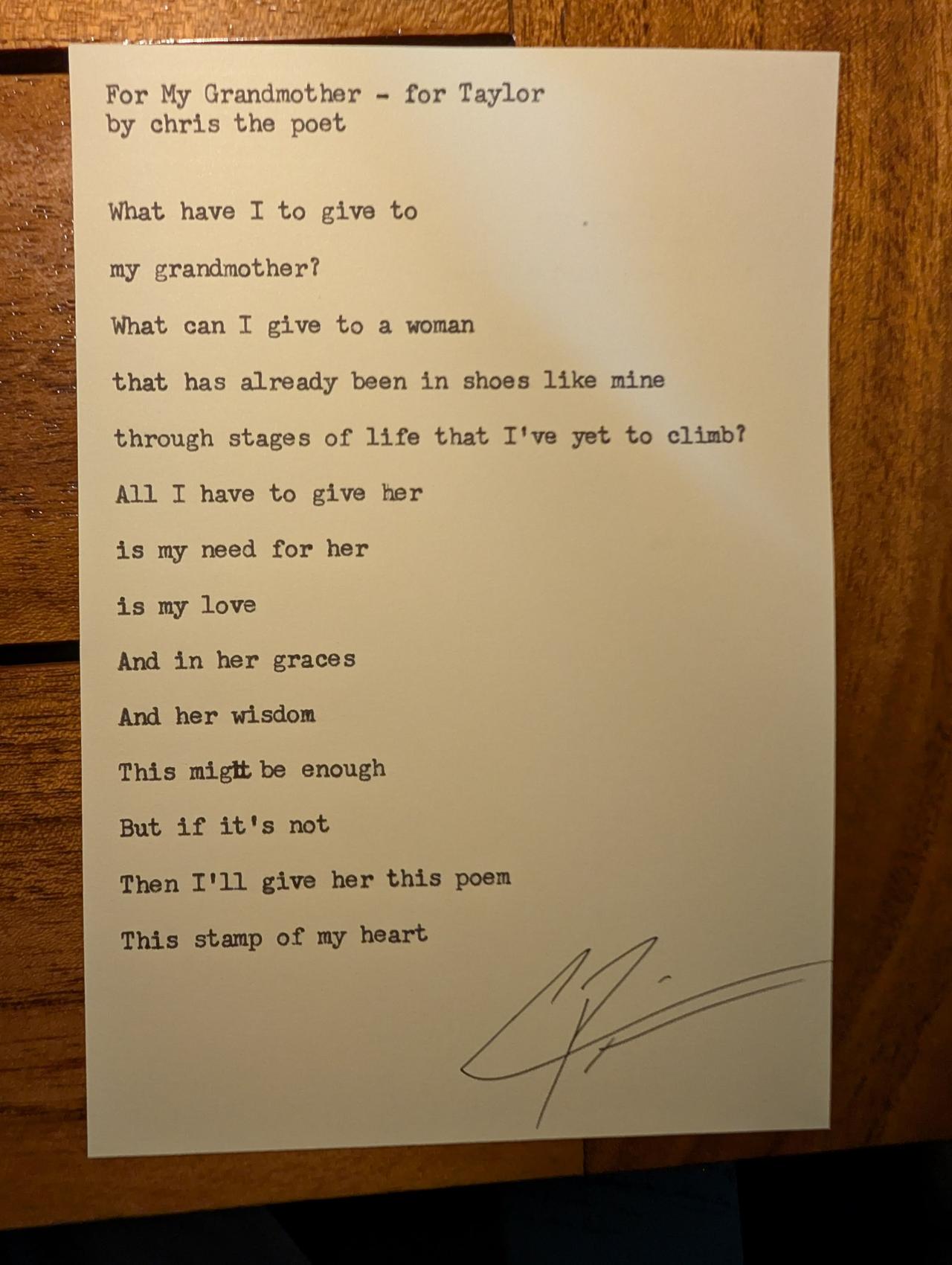 Original typewritten poem For My Grandmother - for Taylor by Chris the Poet