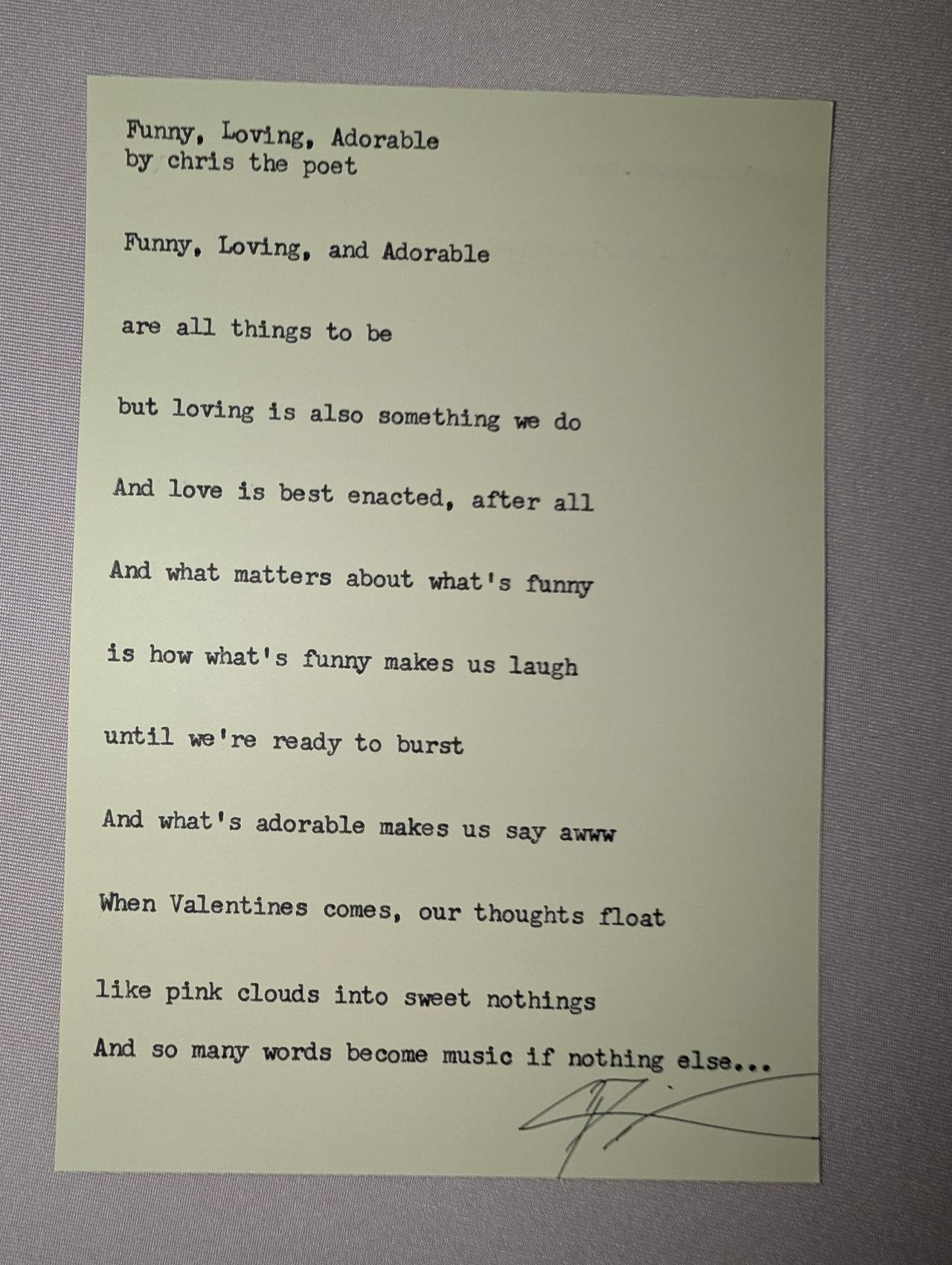 Original typewritten poem Funny, Loving, Adorable by Chris the Poet