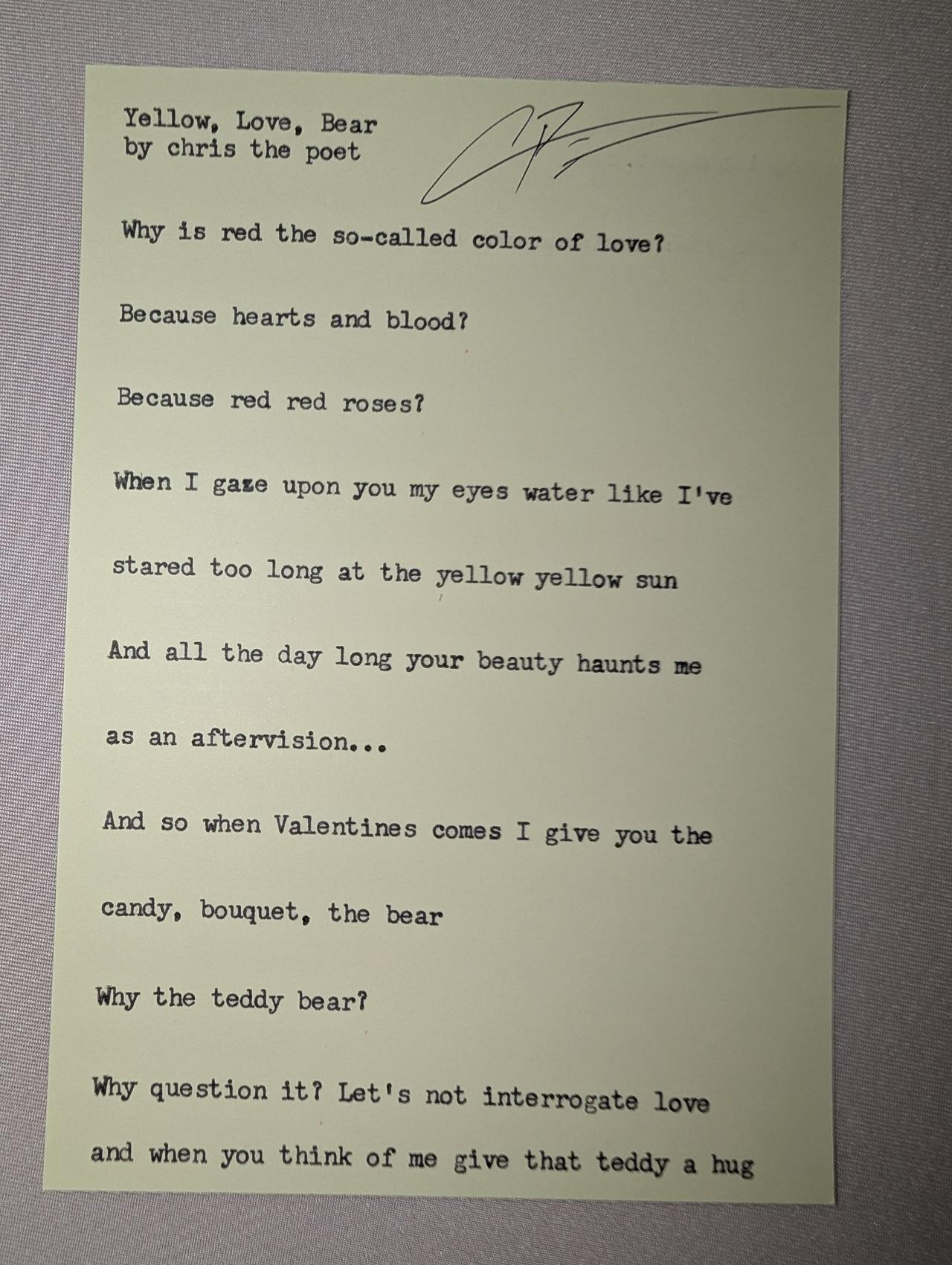 Original typewritten poem Yellow, Love, Bear by Chris the Poet