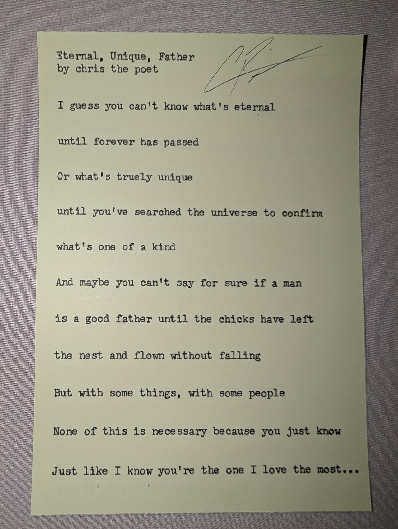 Original typewritten poem Eternal, Unique, Father by Chris the Poet