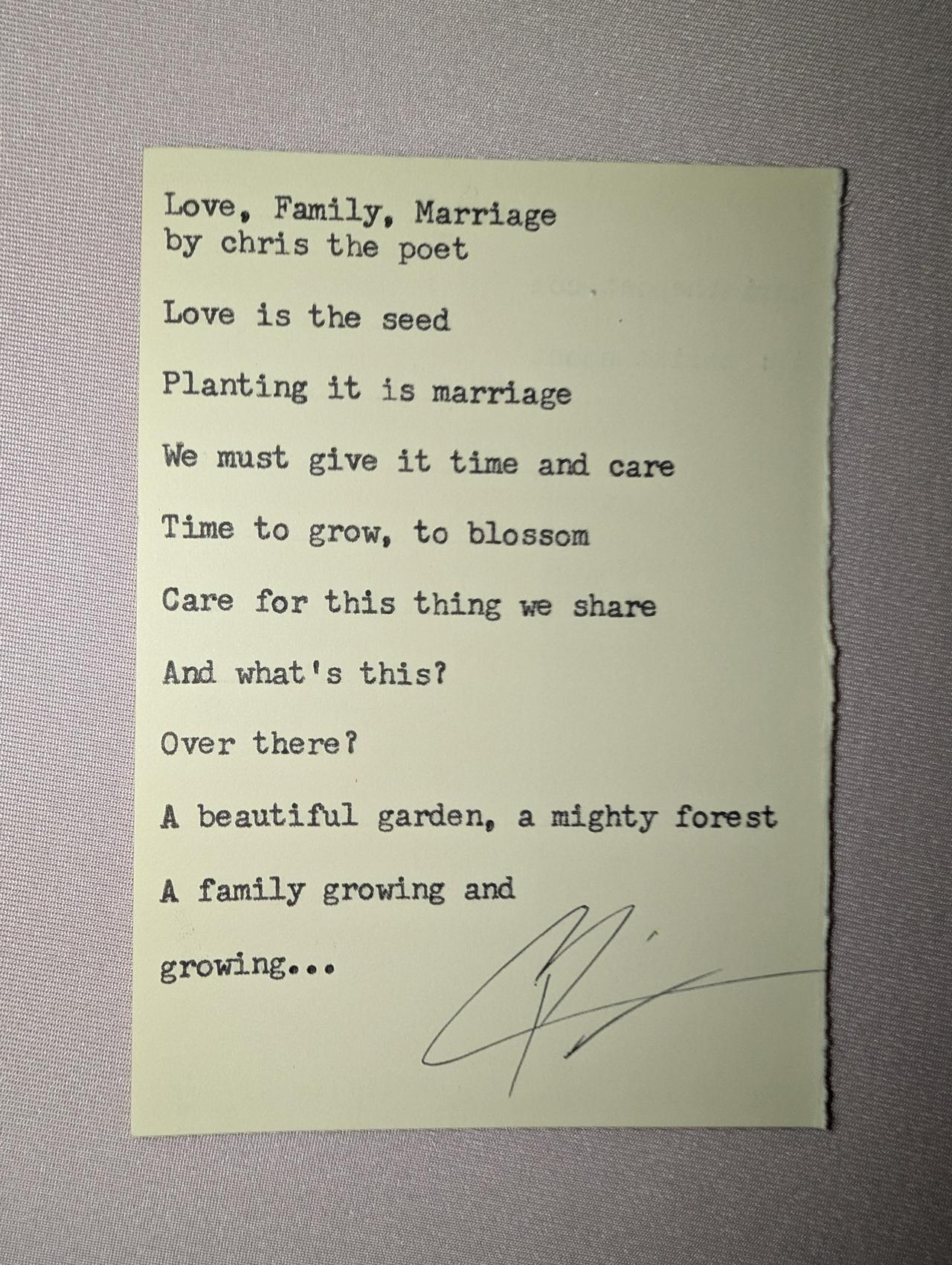 Original typewritten poem Love, Family, Marriage by Chris the Poet