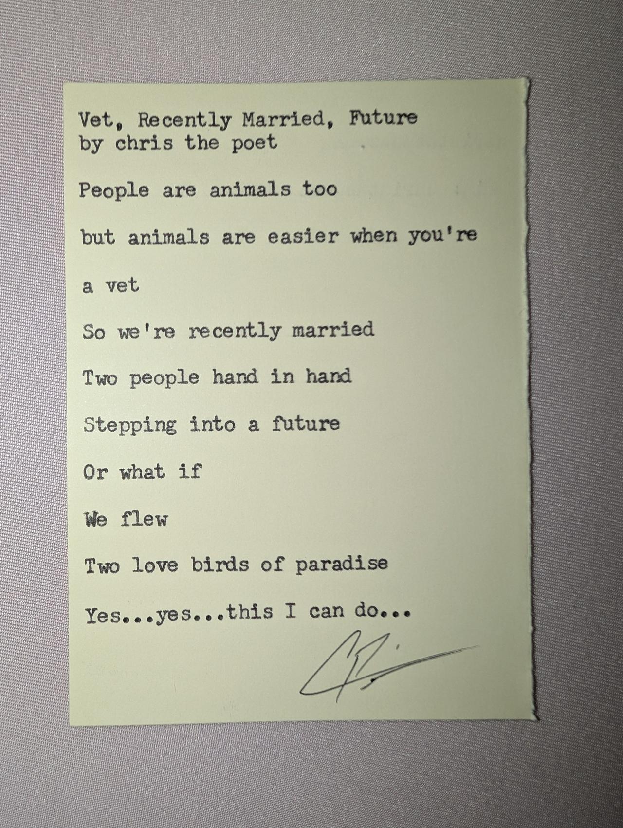 Original typewritten poem Vet, Recently Married, Future by Chris the Poet