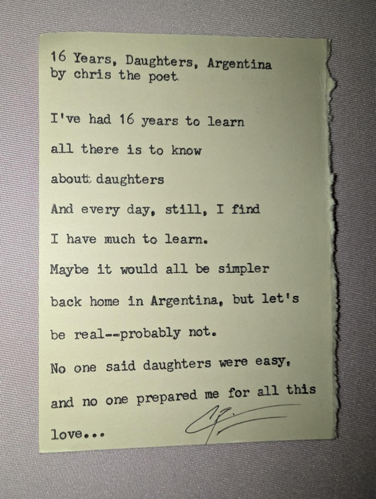 Original typewritten poem 16 Years, Daughters, Argentina by Chris the Poet