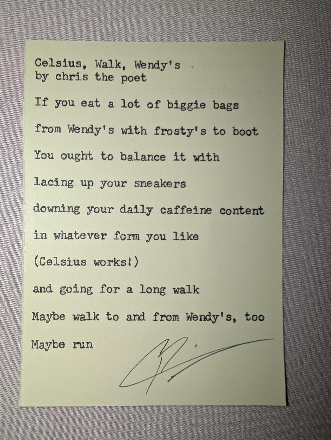 Original typewritten poem Celsius, Walk, Wendy's by Chris the Poet
