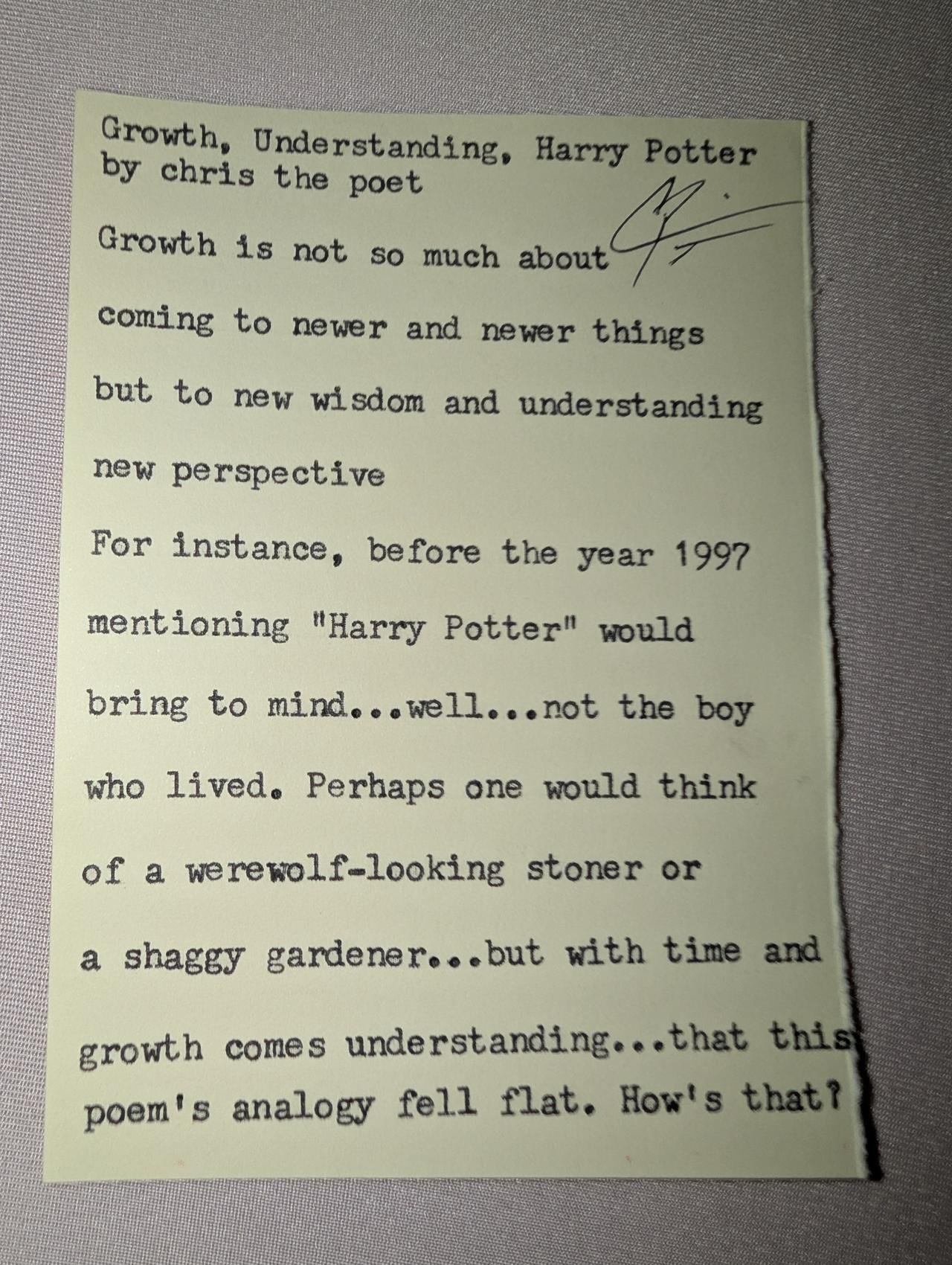 Original typewritten poem Growth, Understanding, Harry Potter by Chris the Poet
