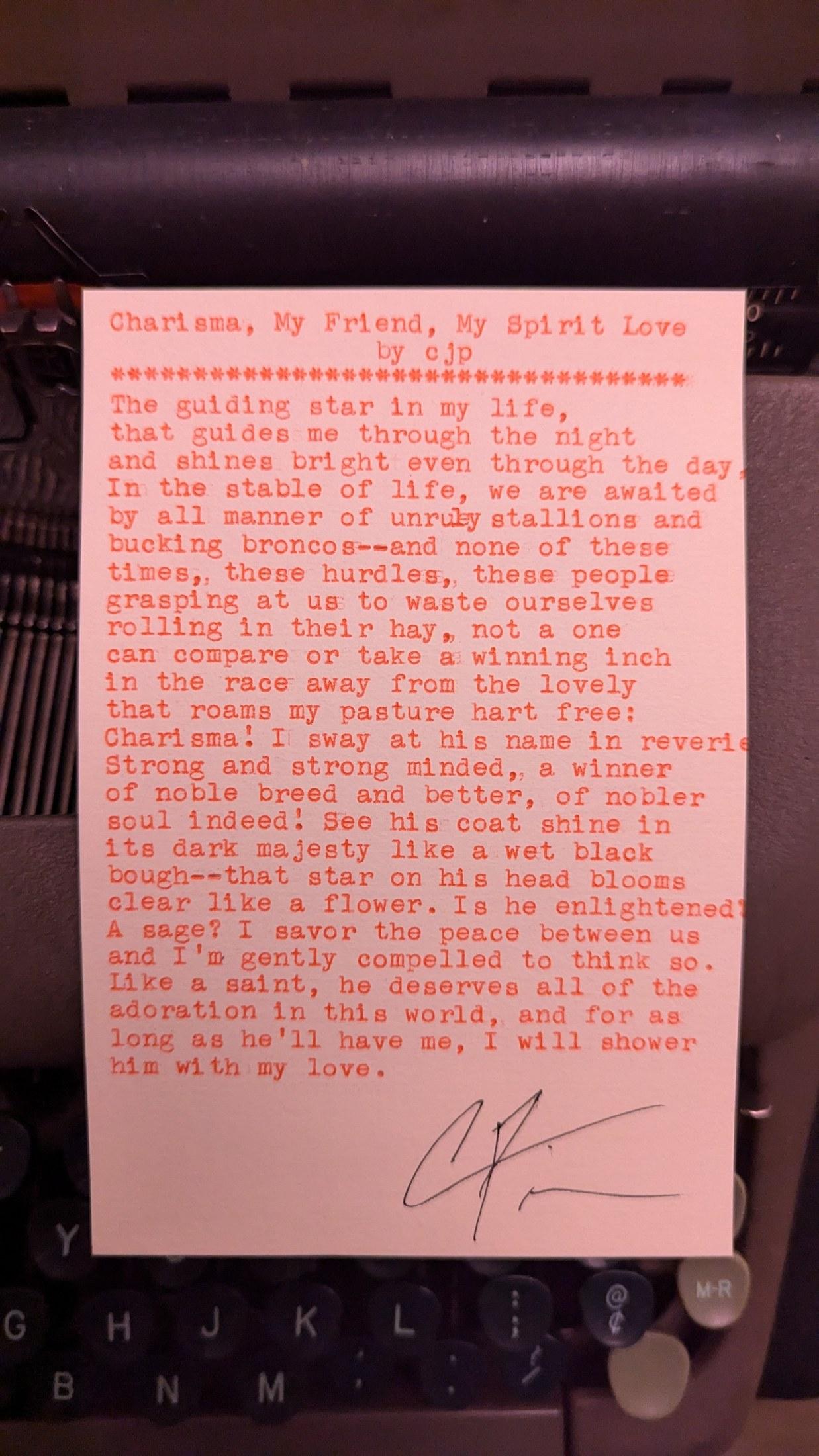 Original typewritten poem Charisma, My Friend, My Spirit Love by Chris the Poet