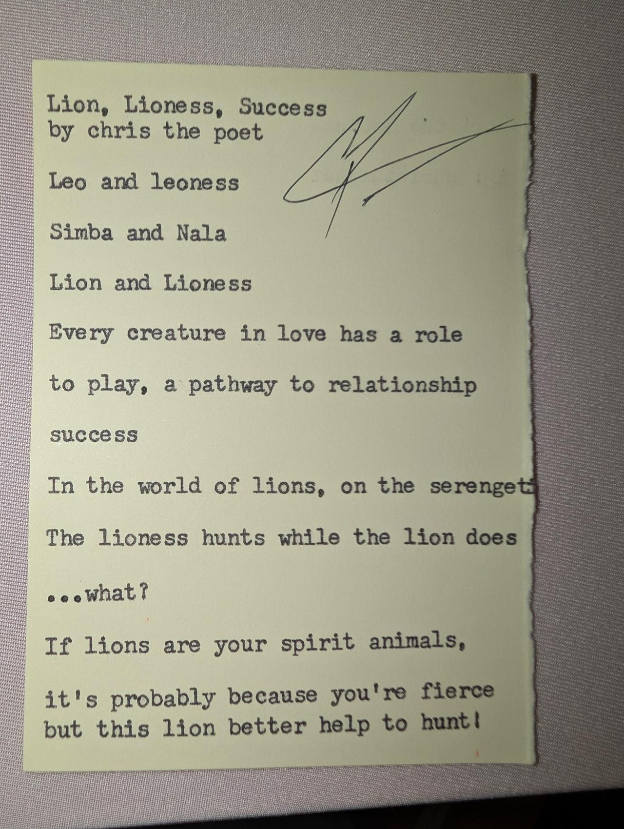 Original typewritten poem Lion, Lioness, Success by Chris the Poet