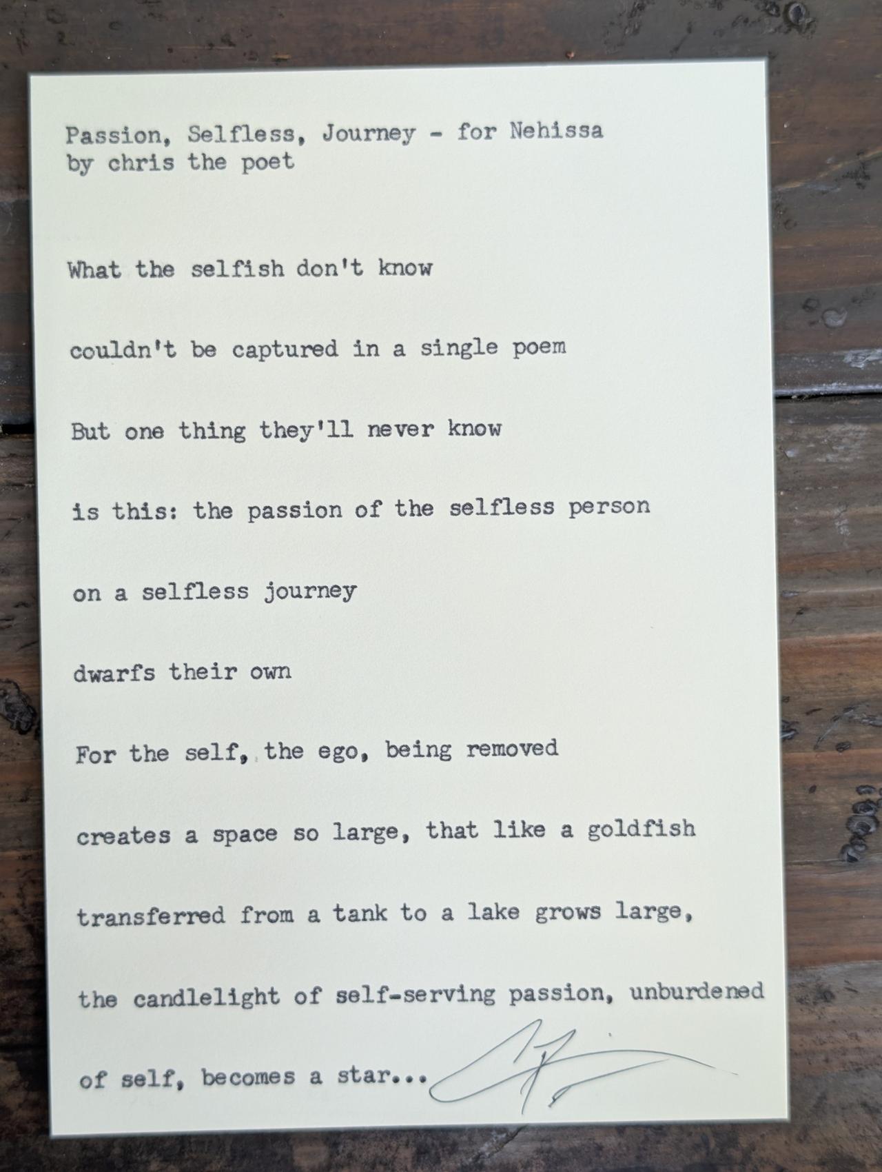 Original typewritten poem Passion, Selfless, Journey - for Melissa by Chris the Poet