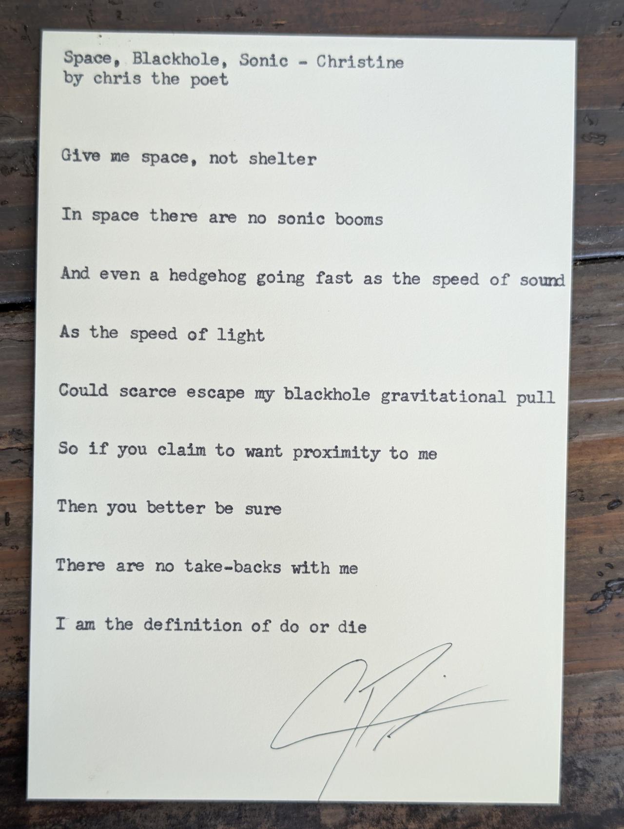 Original typewritten poem Space, Blackhole, Sonic - Christine by Chris the Poet