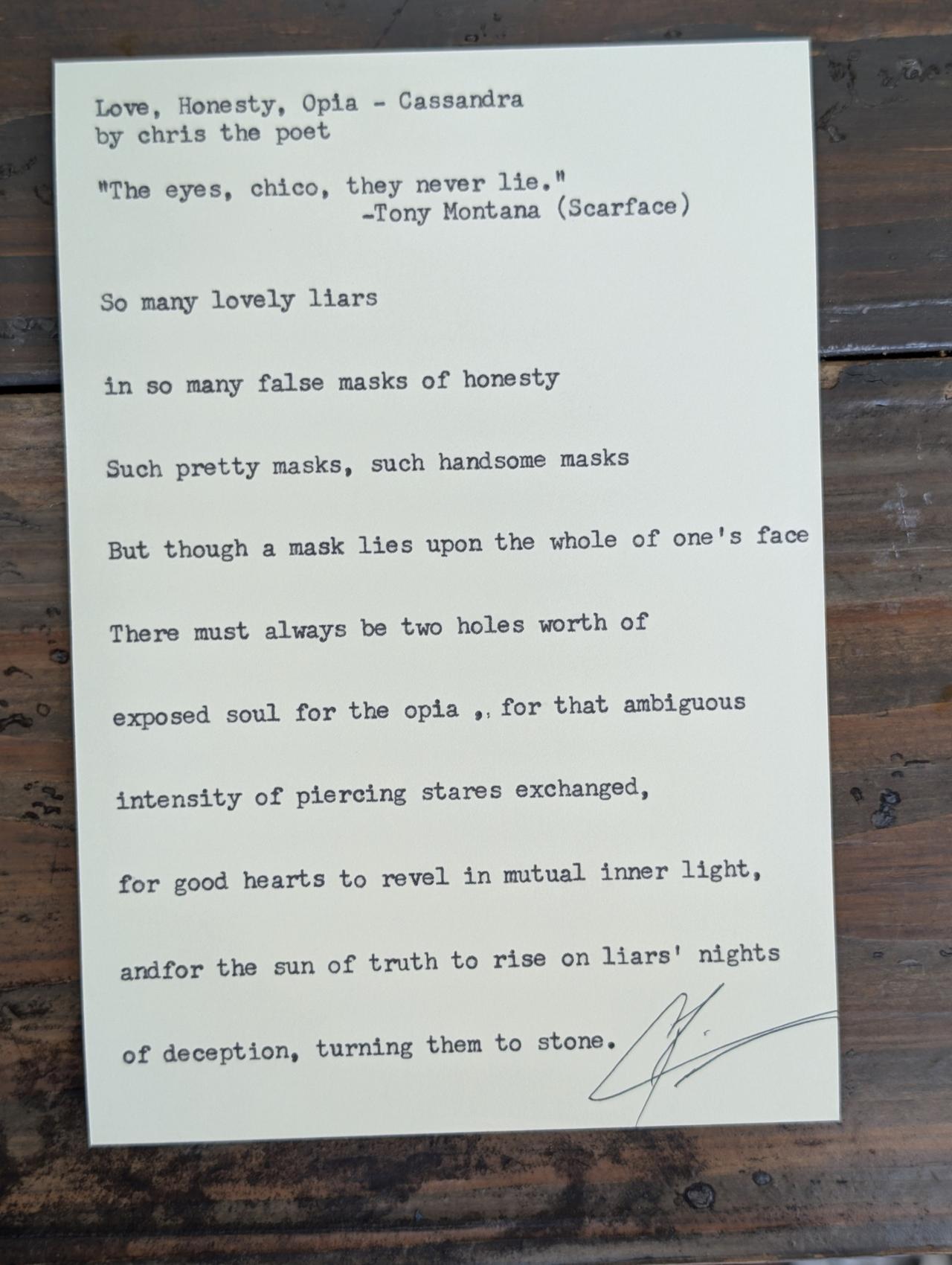 Original typewritten poem Love, Honesty, Cops - Cassandra by Chris the Poet