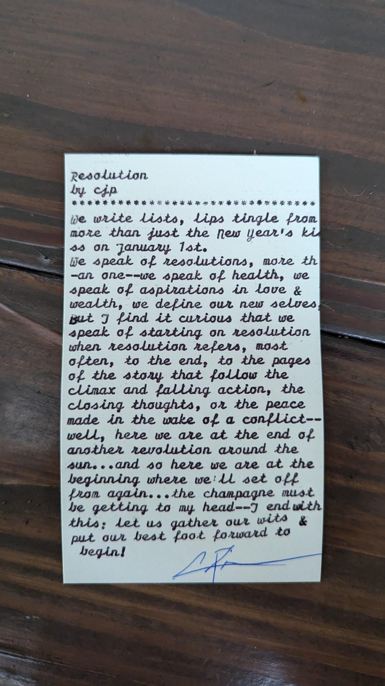 Original typewritten poem Resolution by Chris the Poet