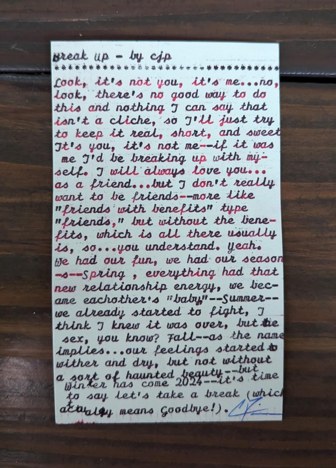 Original typewritten poem Break Up by Chris the Poet
