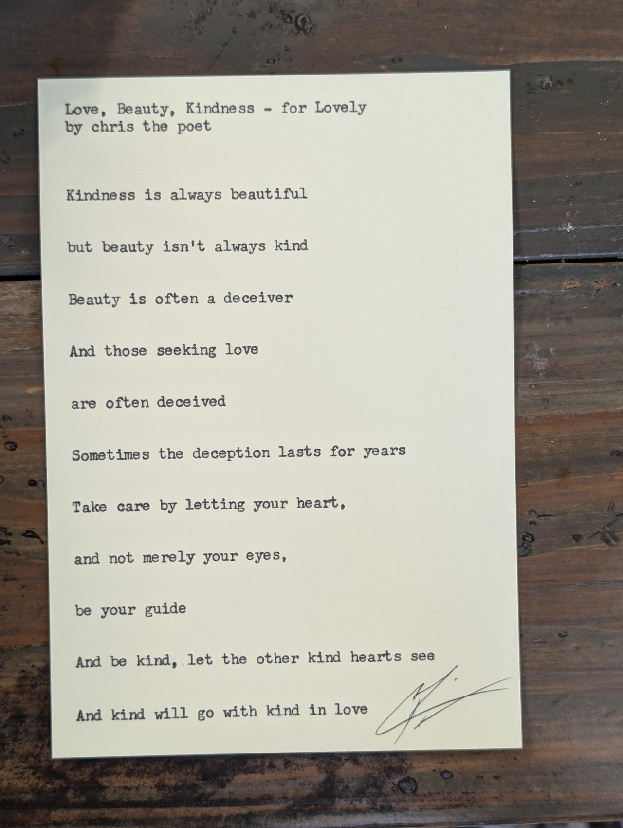 Original typewritten poem Love, Beauty, Kindness - for Lovely by Chris the Poet