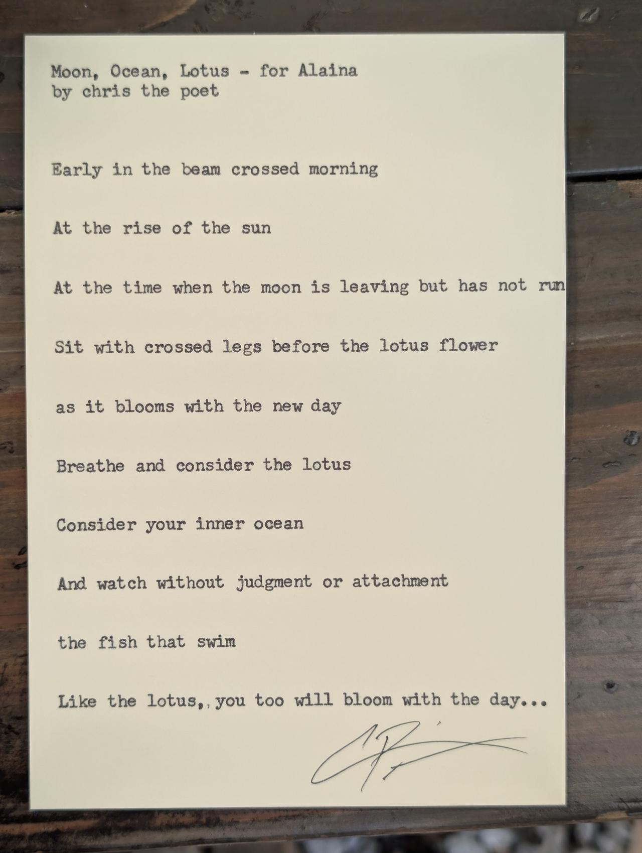 Original typewritten poem Moon, Ocean, Lotus - for Alaina by Chris the Poet