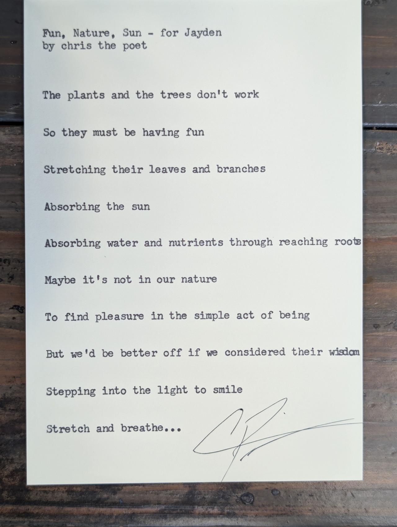 Original typewritten poem Man, Nature, Sun - for Jaylen by Chris the Poet
