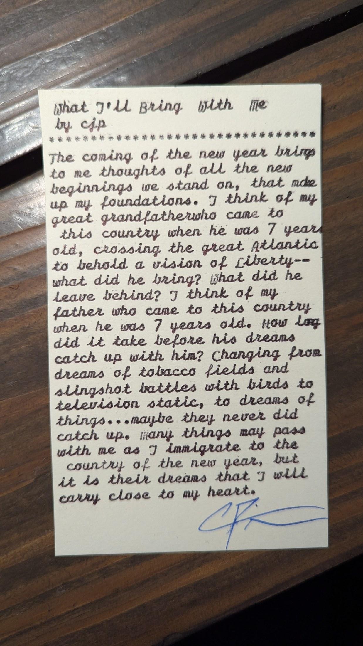 Original typewritten poem What I'll Bring With Me by Chris the Poet