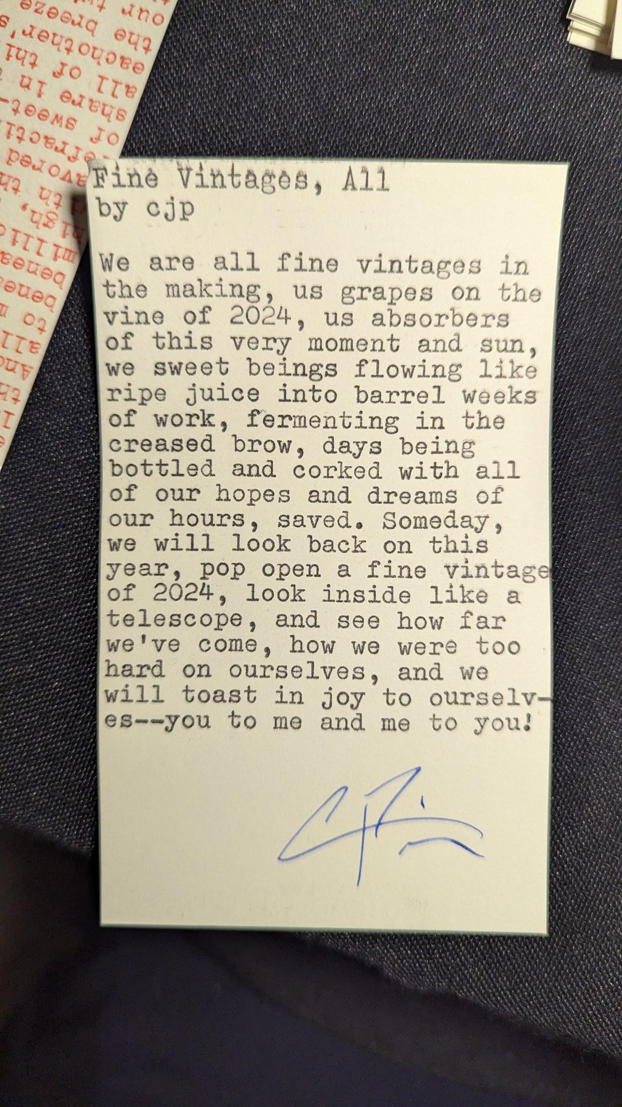 Original typewritten poem Fine Vintages, All by Chris the Poet