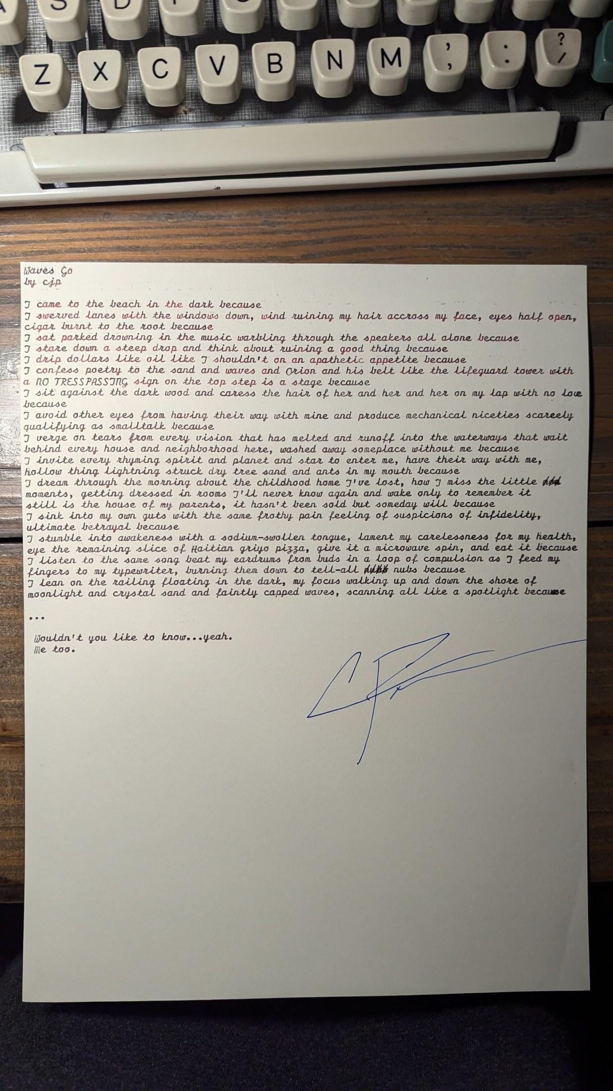 Original typewritten poem because by Chris the Poet