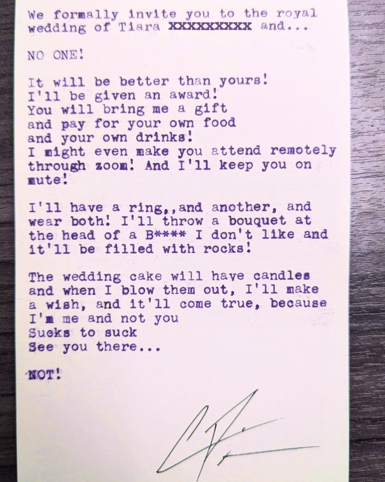 Additional archive image for We formally invite you to the royal wedding of Tiara XXXXXXXXX and... by Chris the Poet
