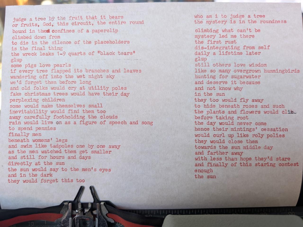 Original typewritten poem Untitled — judge a tree by the fruit that it bears by Chris the Poet