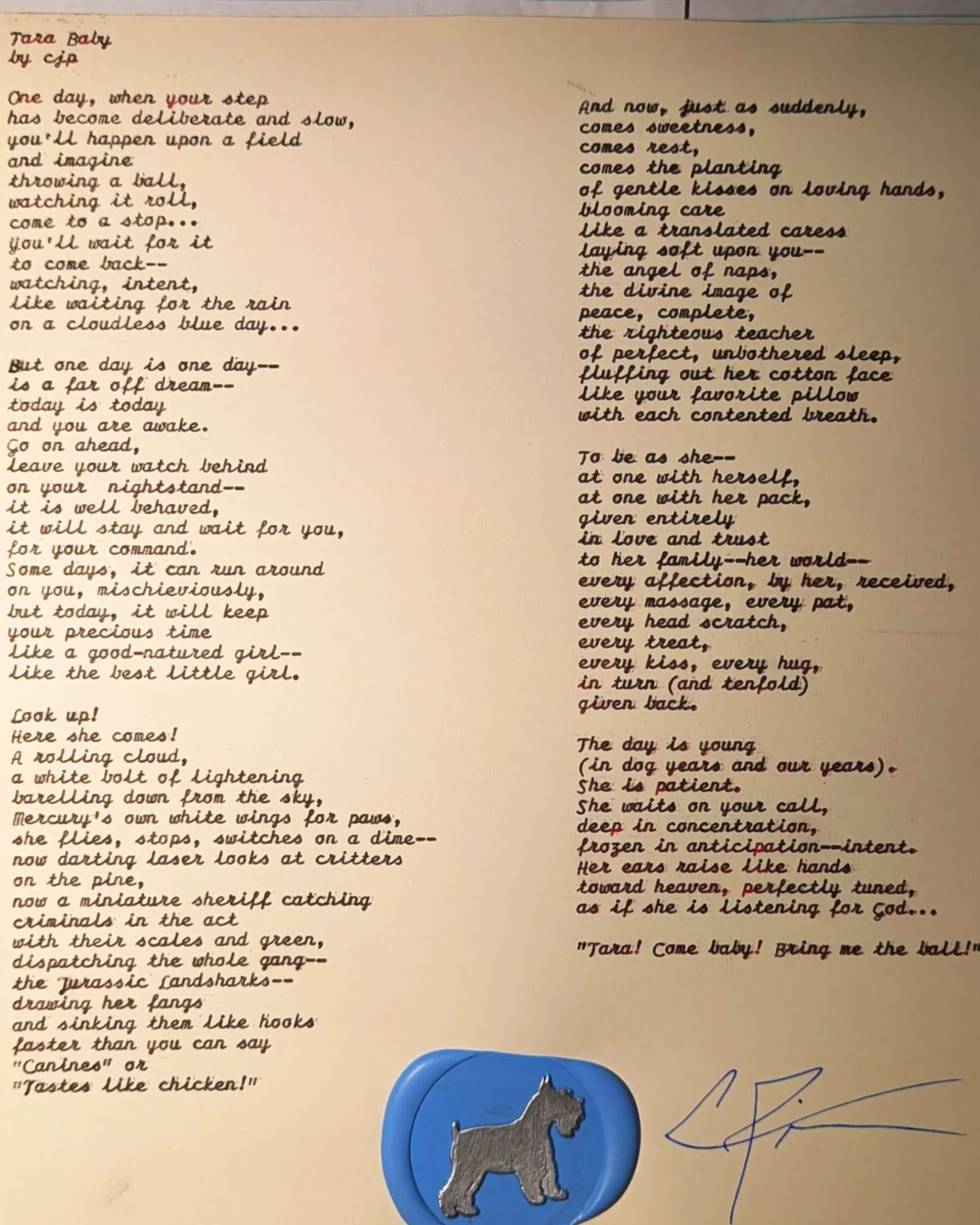 Original typewritten poem Tara Baby by Chris the Poet