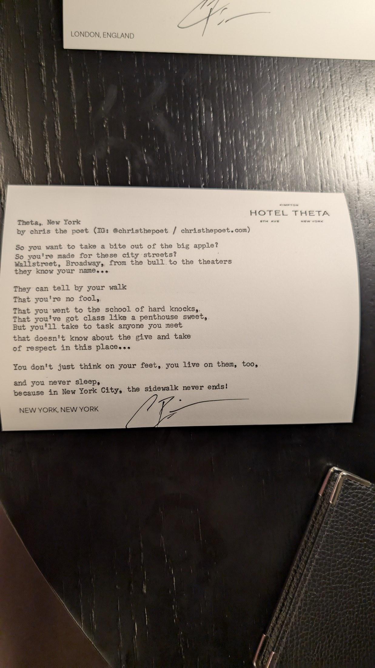 Original typewritten poem Theta, New York by Chris the Poet