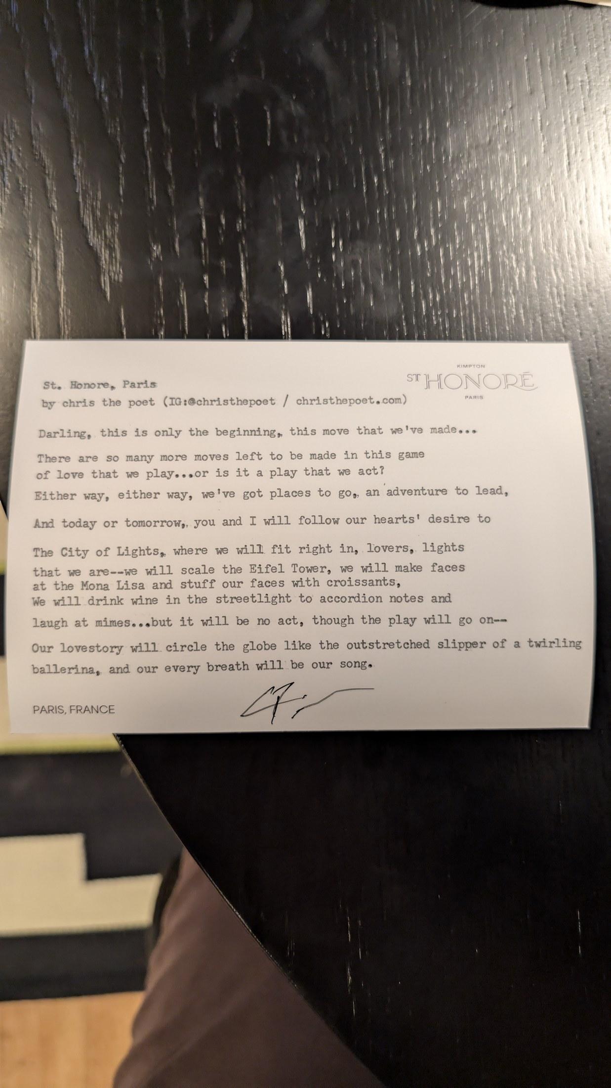Original typewritten poem St. Honore, Paris by Chris the Poet