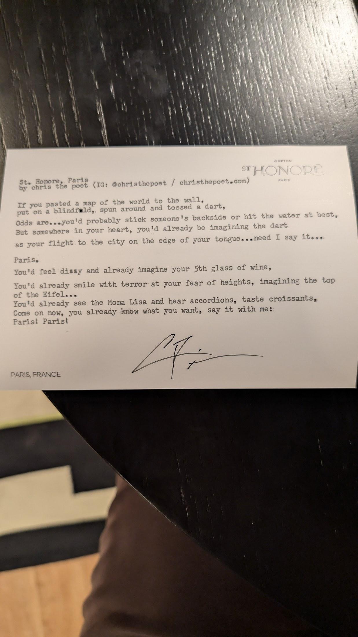 Original typewritten poem St. Honore, Paris by Chris the Poet