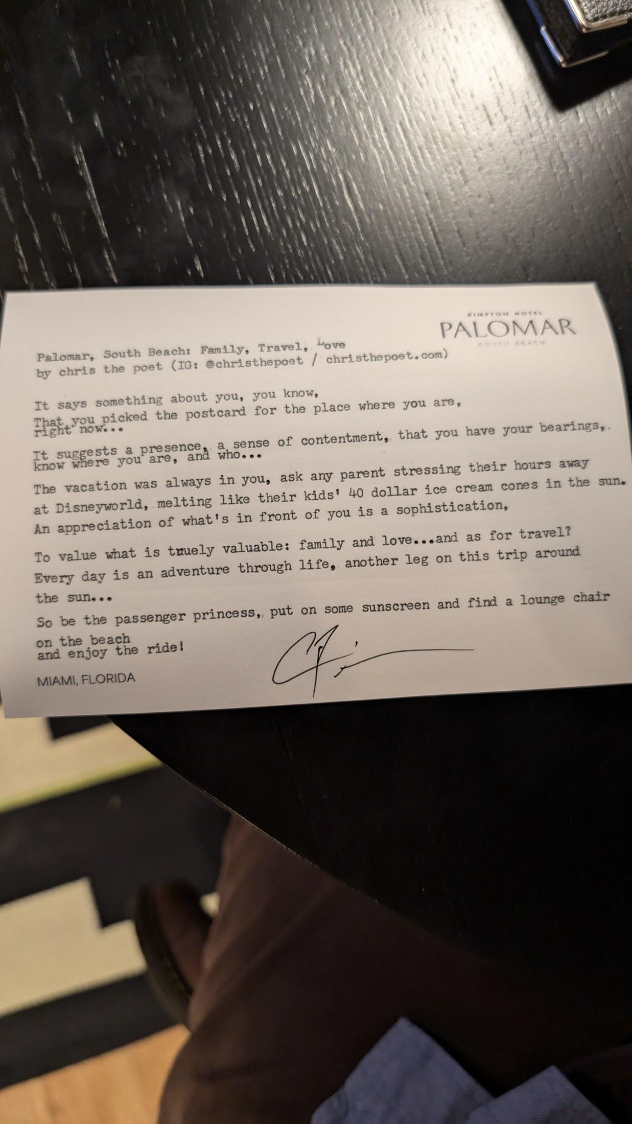 Original typewritten poem Palomar, South Beach, Florida, Venus! by Chris the Poet