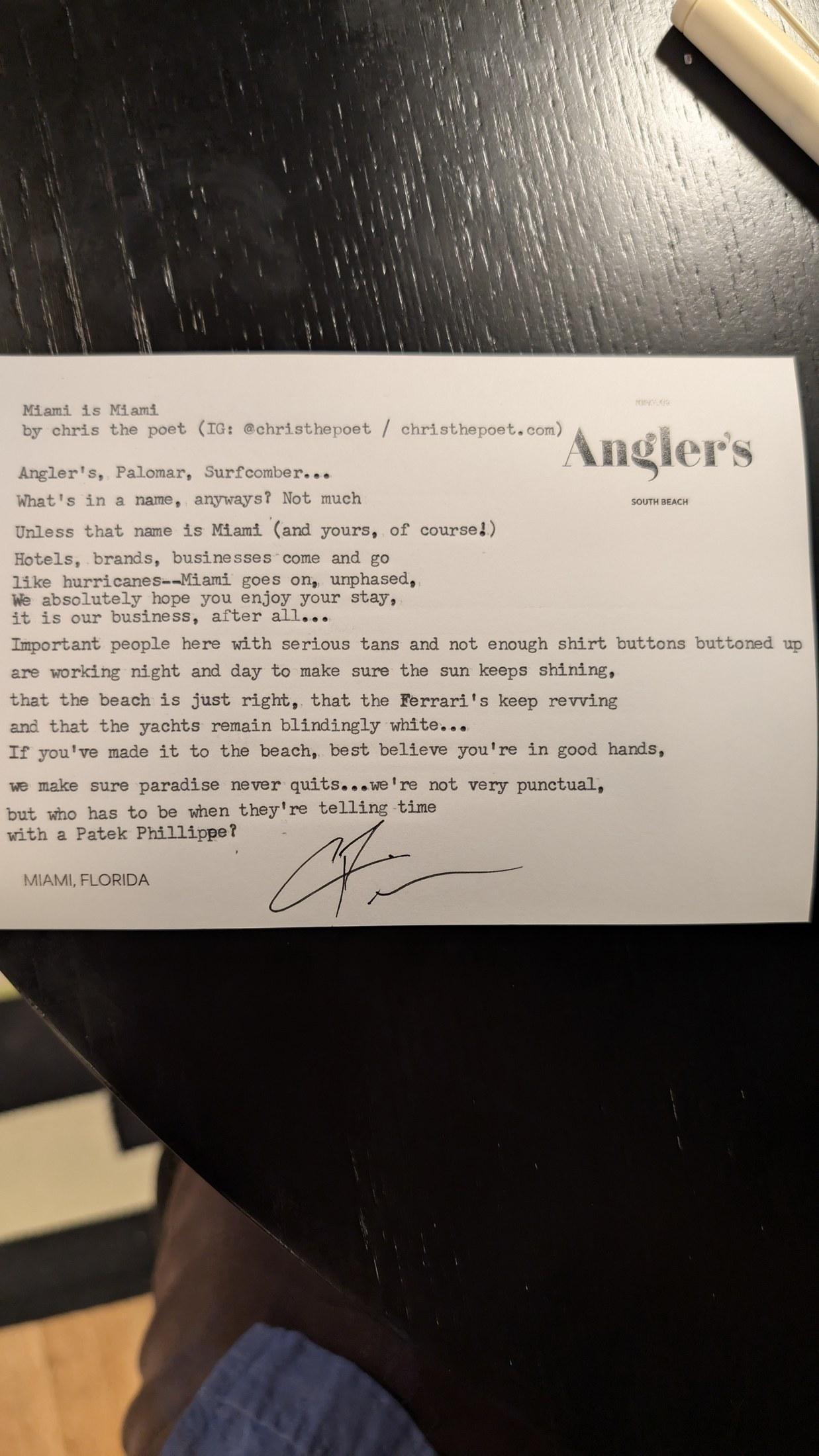 Original typewritten poem Miami in Mind by Chris the Poet