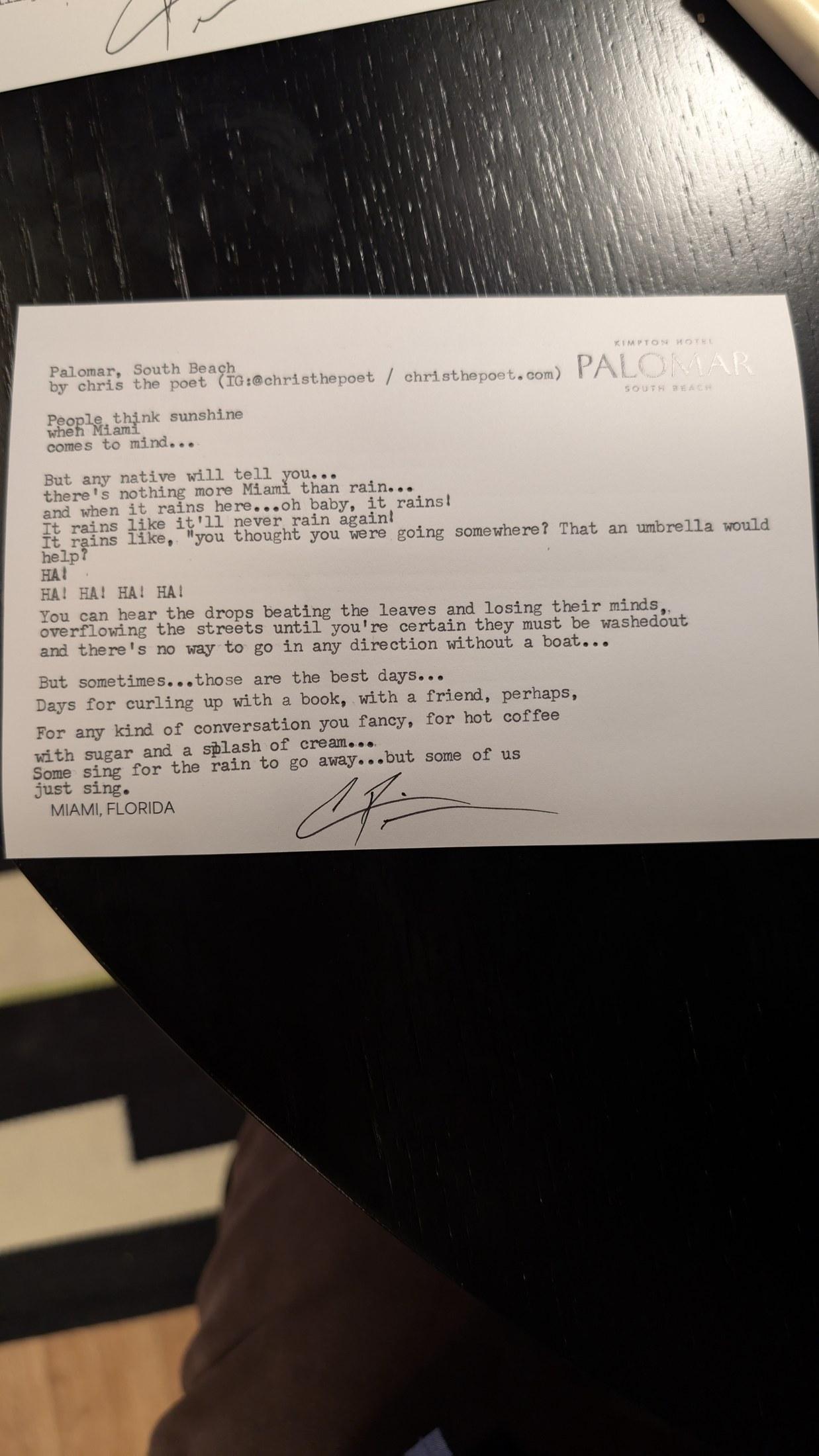 Original typewritten poem Palomar, South Beach by Chris the Poet
