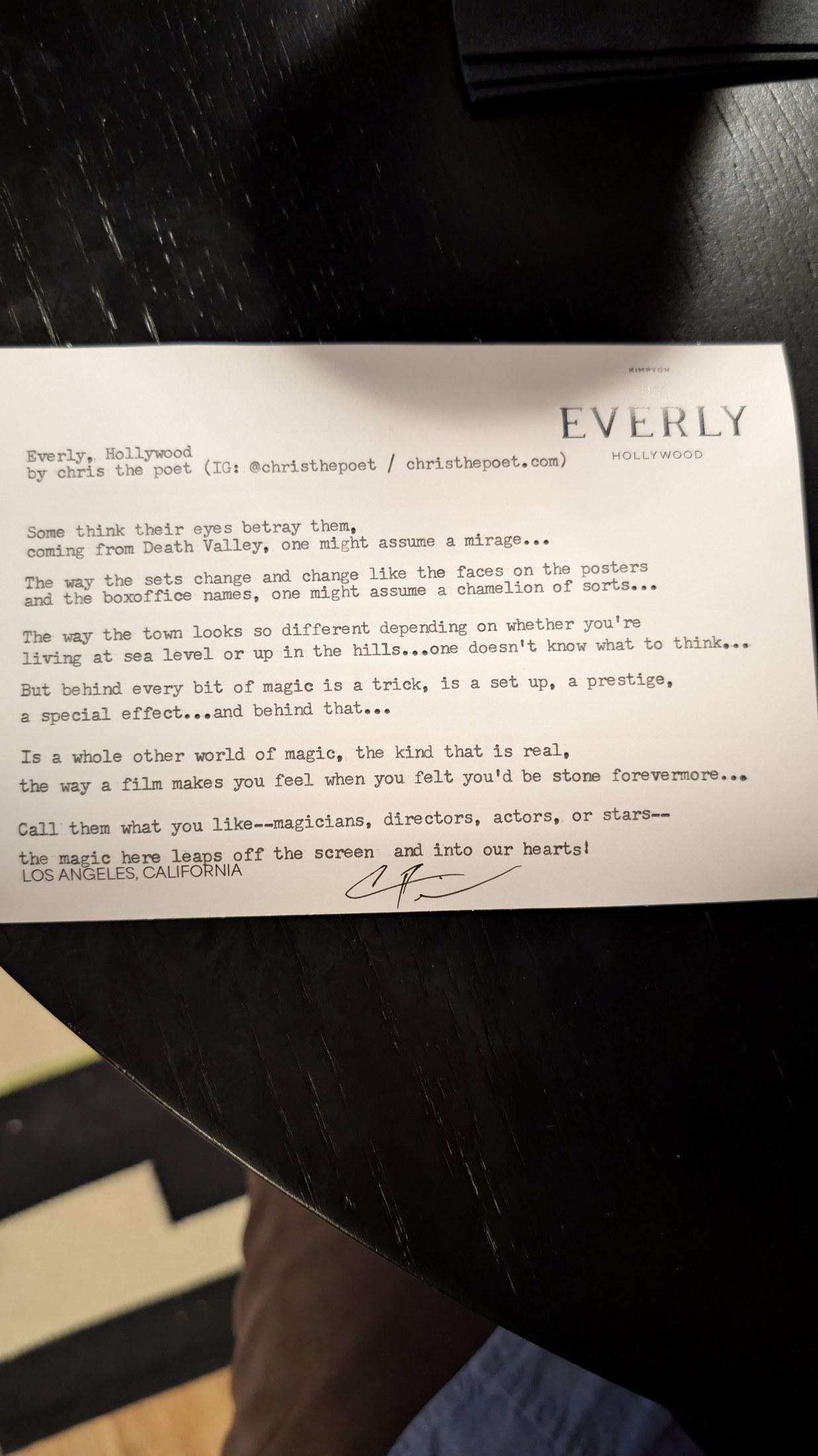 Original typewritten poem Everly, Hollywood by Chris the Poet