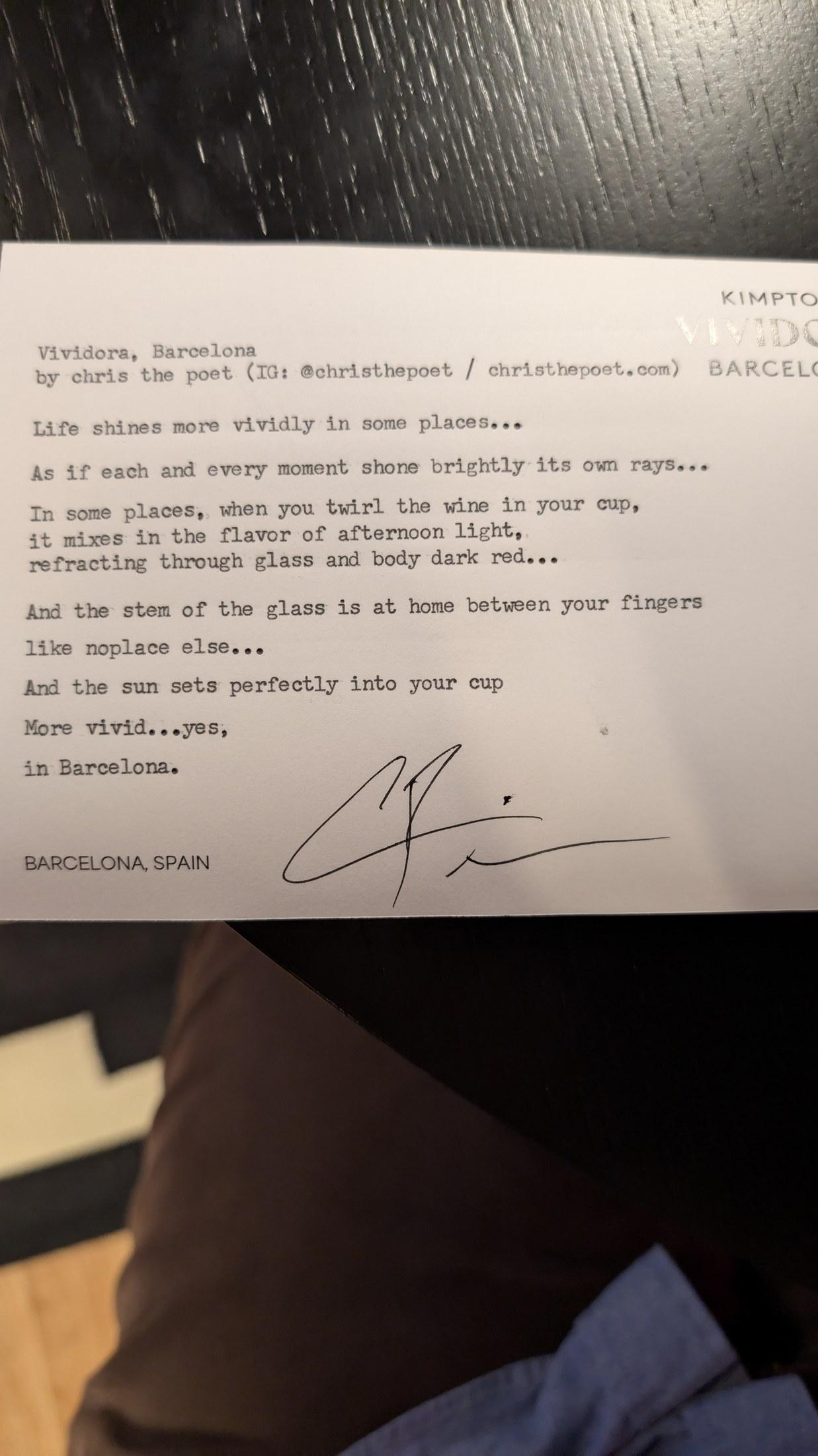 Original typewritten poem Vividora, Barcelona by Chris the Poet