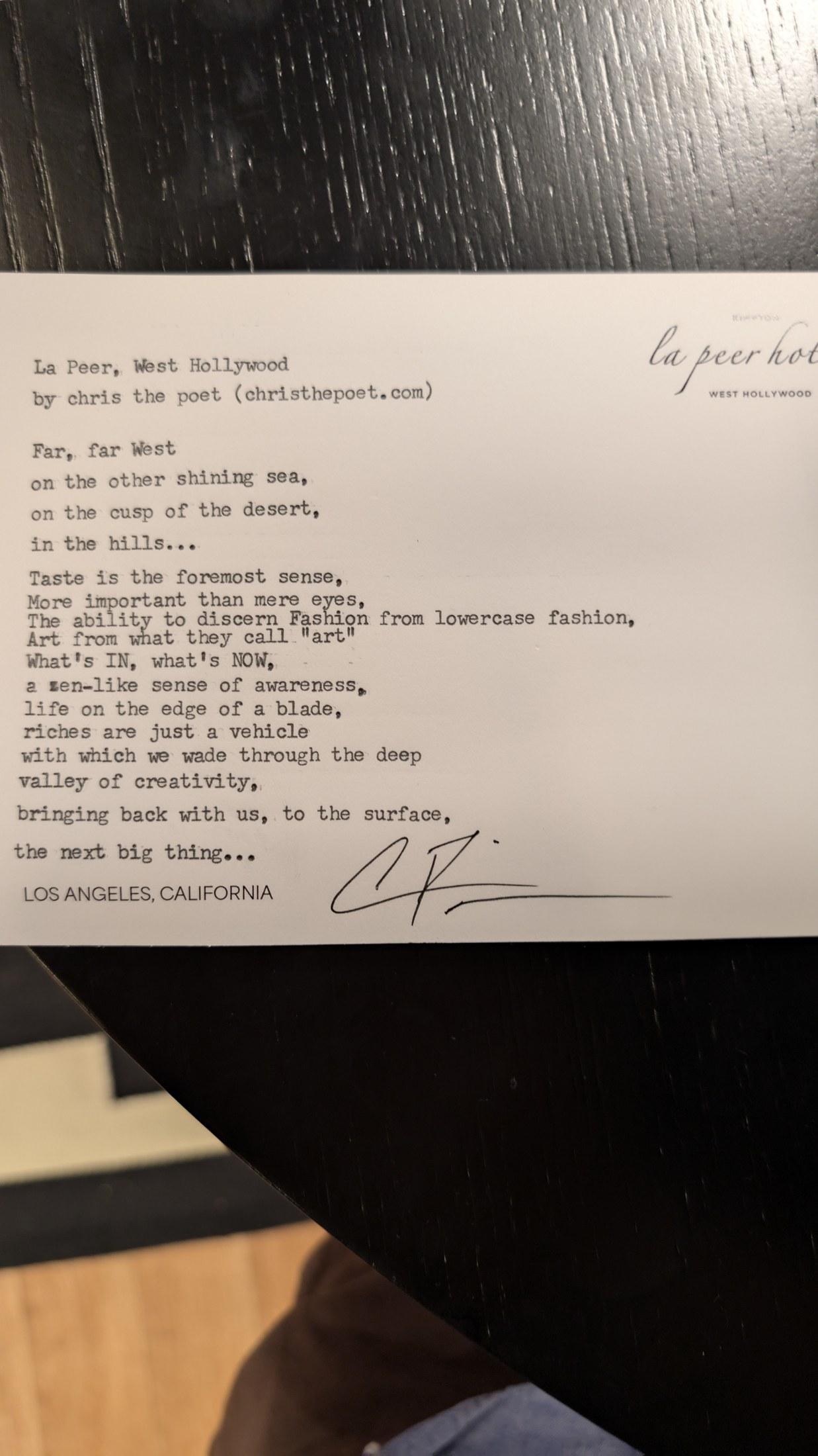 Original typewritten poem La Peer, West Hollywood by Chris the Poet