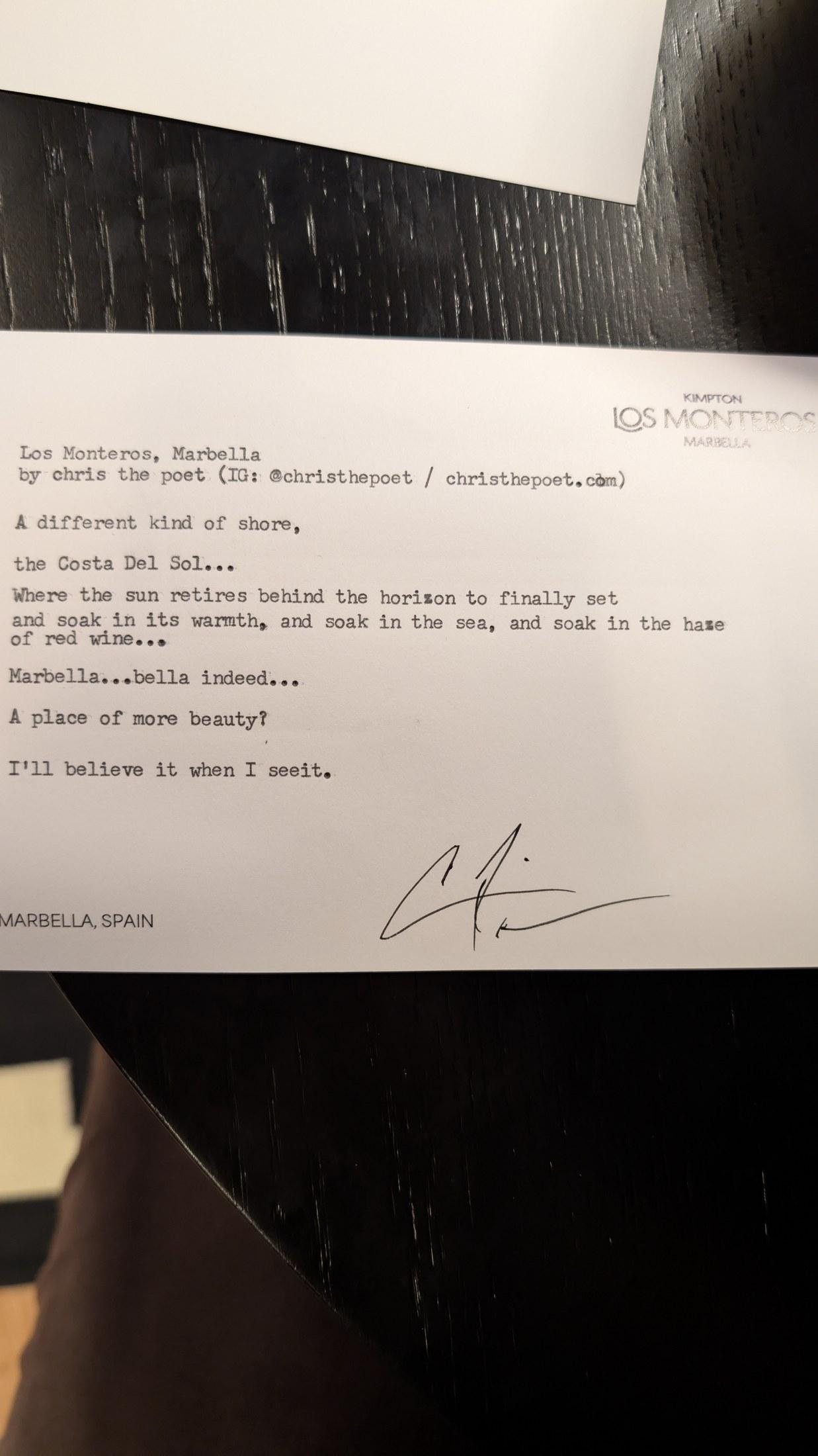 Original typewritten poem Los Monteros, Marbella by Chris the Poet