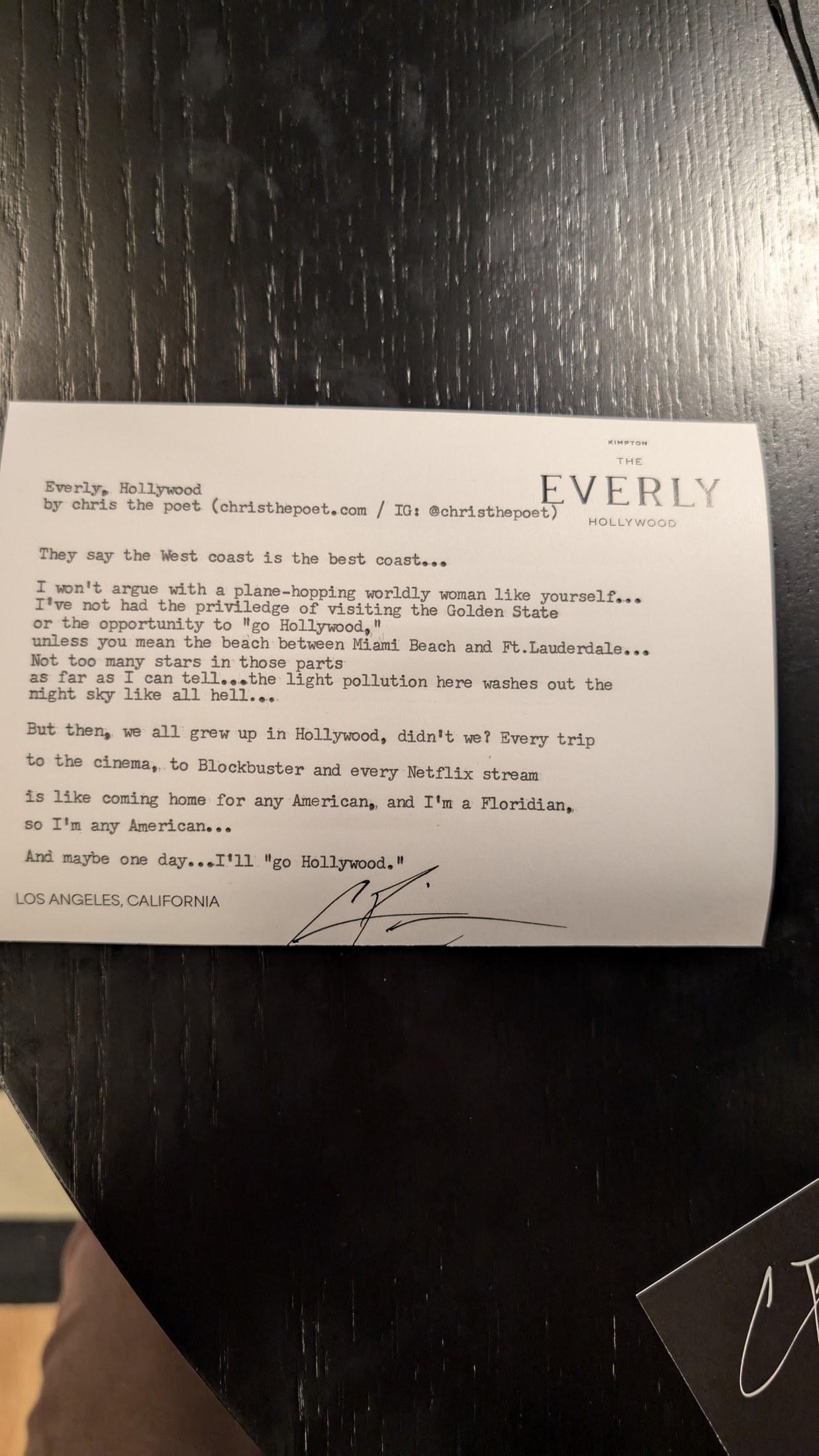 Original typewritten poem Everly, Hollywood by Chris the Poet