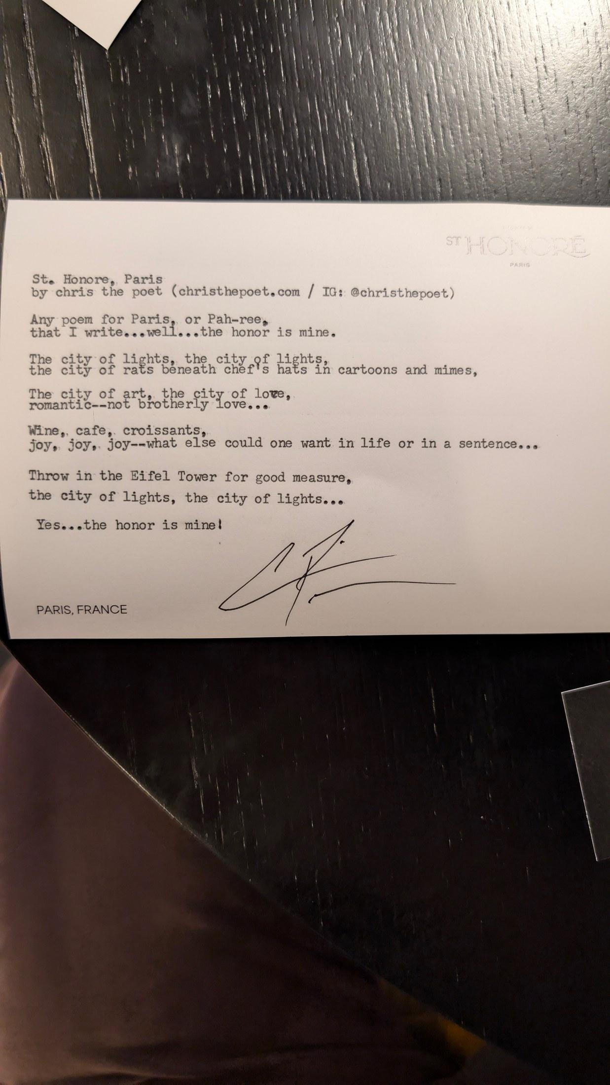 Original typewritten poem St. Honore, Paris by Chris the Poet