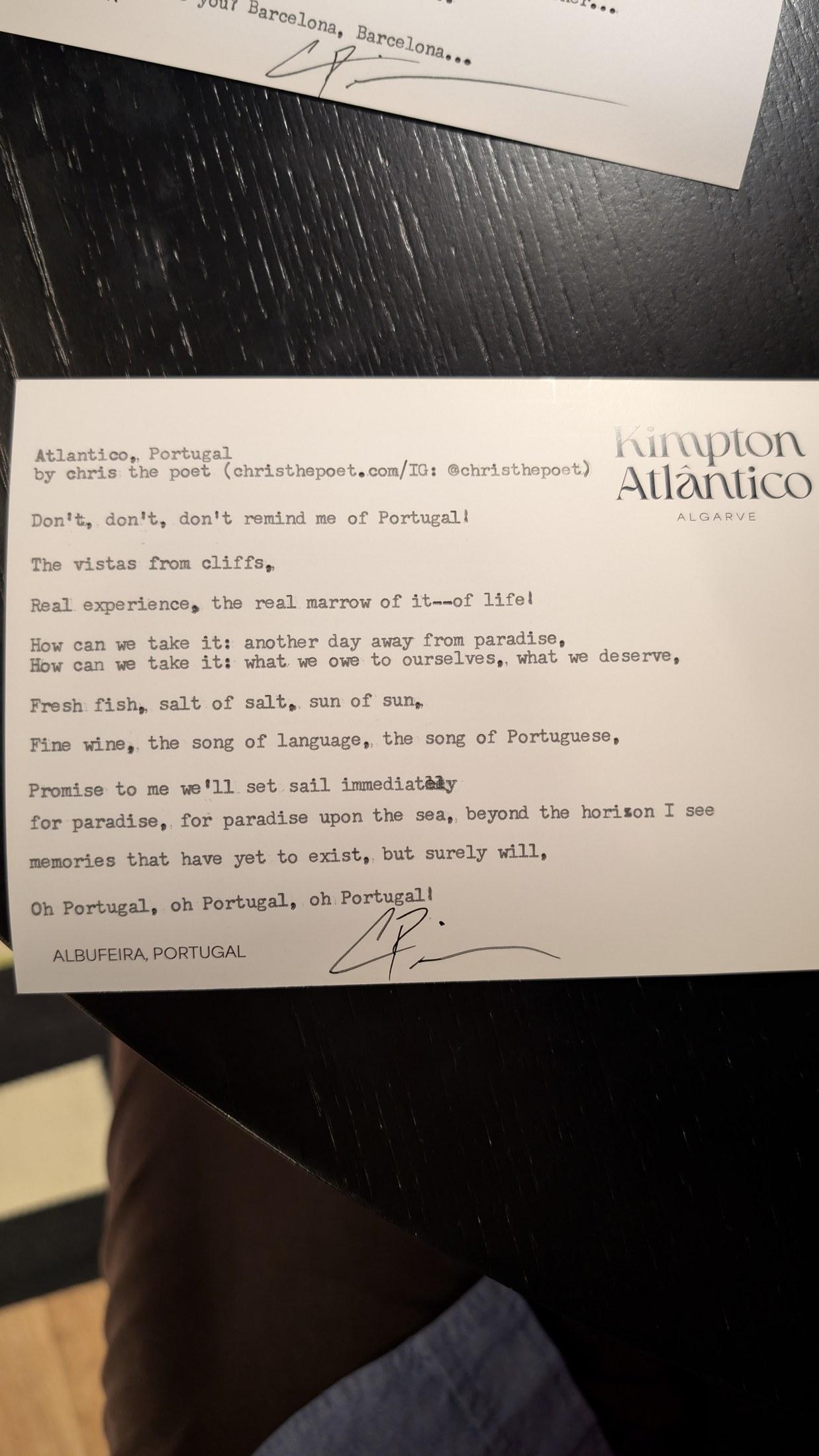 Original typewritten poem Atlantico, Portugal by Chris the Poet