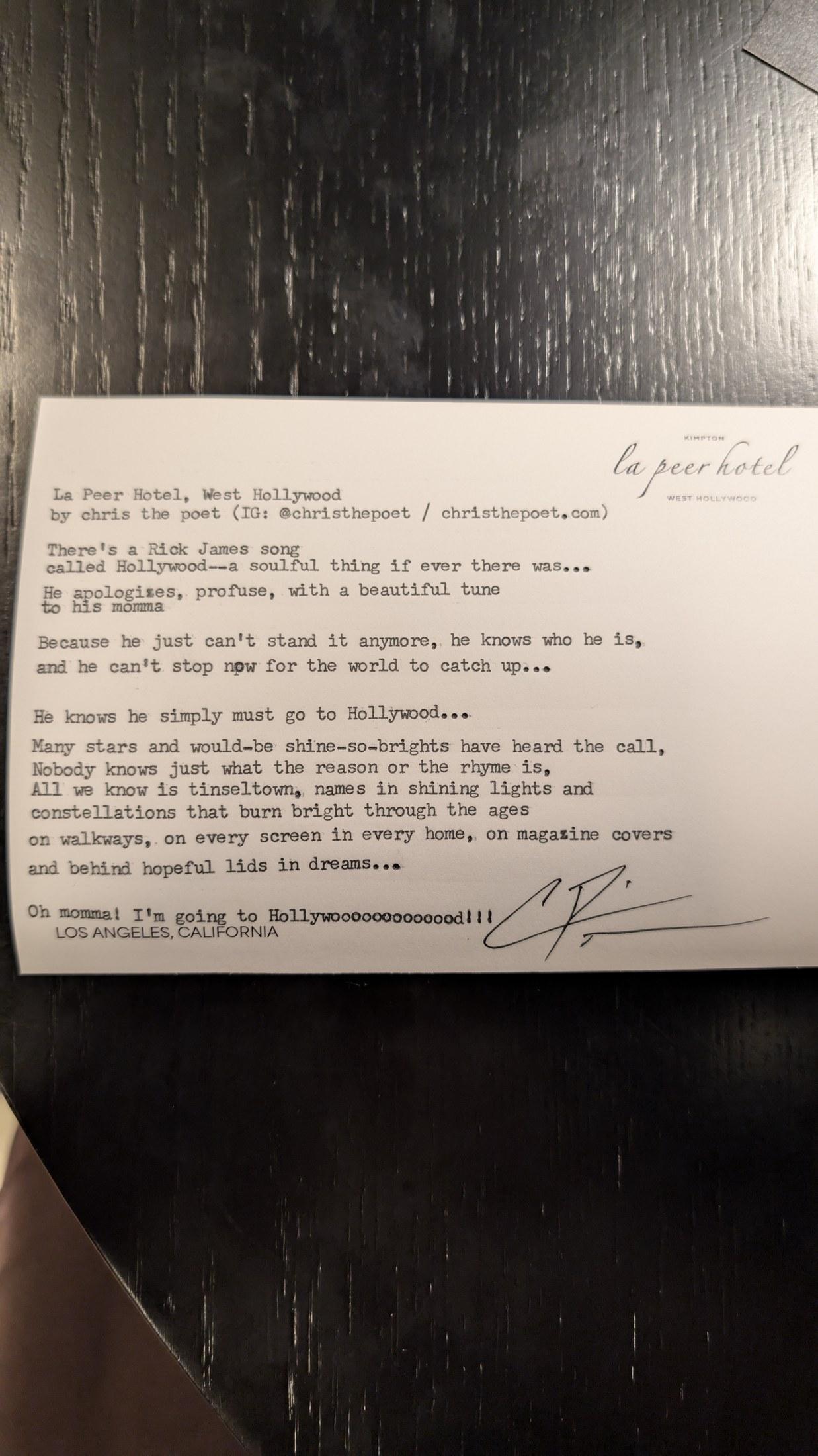 Original typewritten poem La Peer Hotel, West Hollywood by Chris the Poet