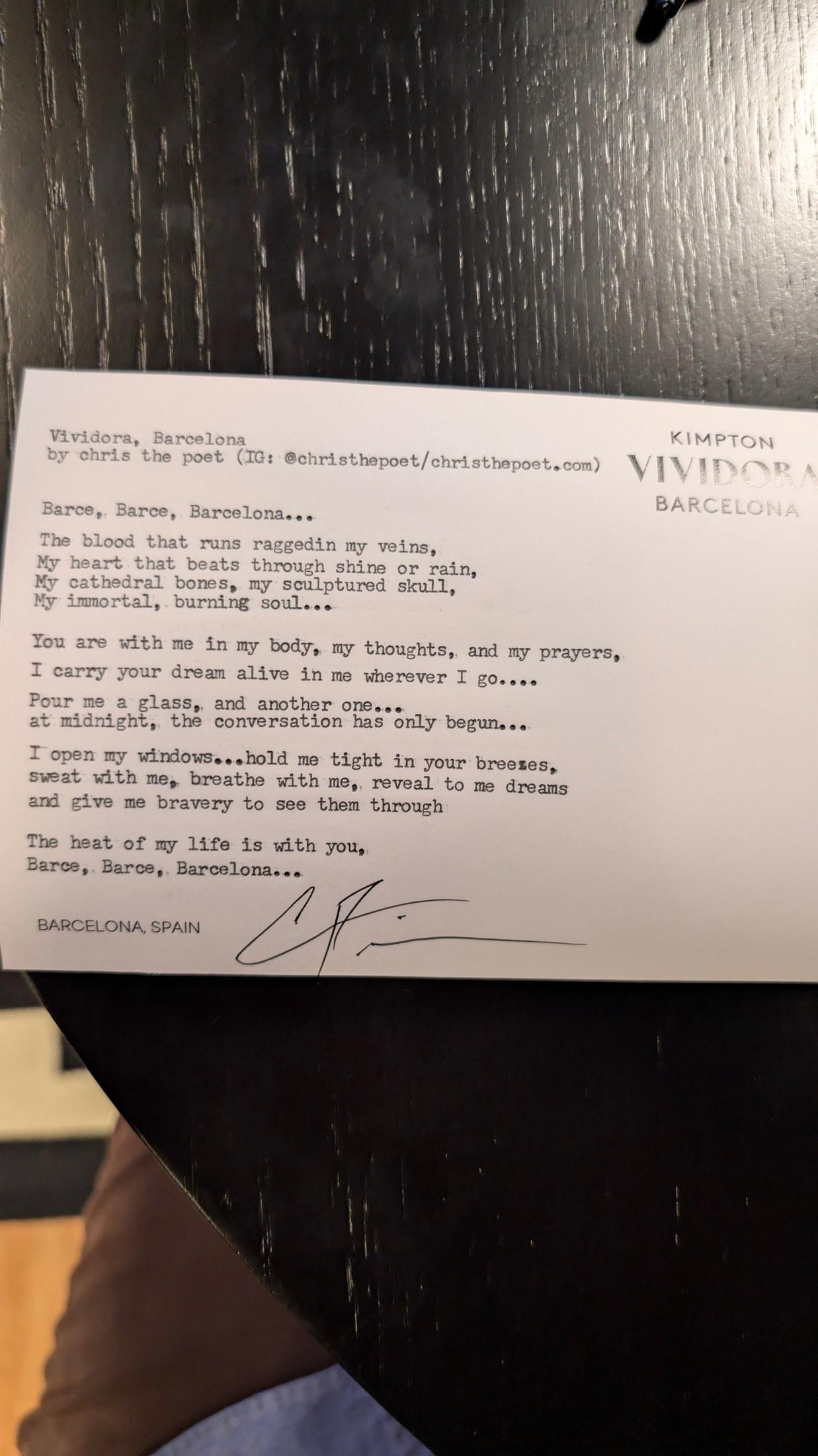 Original typewritten poem Vividora, Barcelona by Chris the Poet