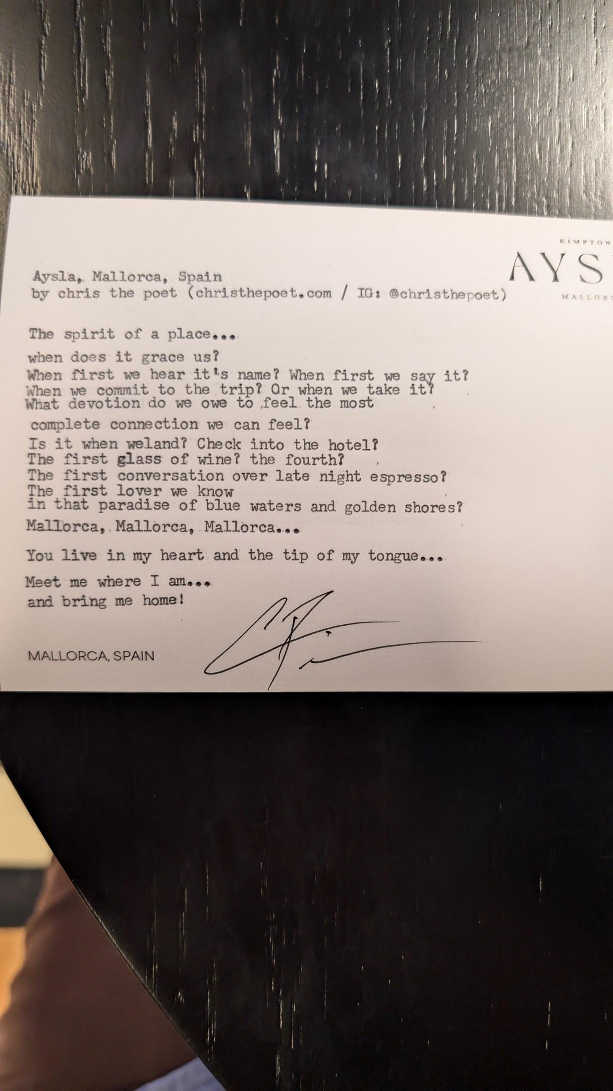 Original typewritten poem Aysla, Mallorca, Spain by Chris the Poet