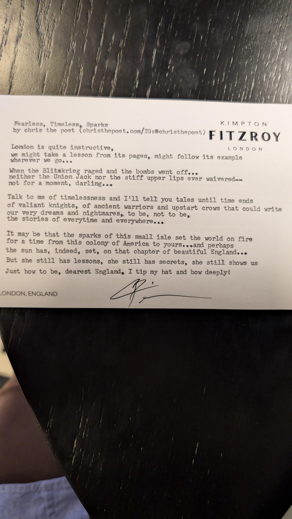 Original typewritten poem Fitzroy, London by Chris the Poet