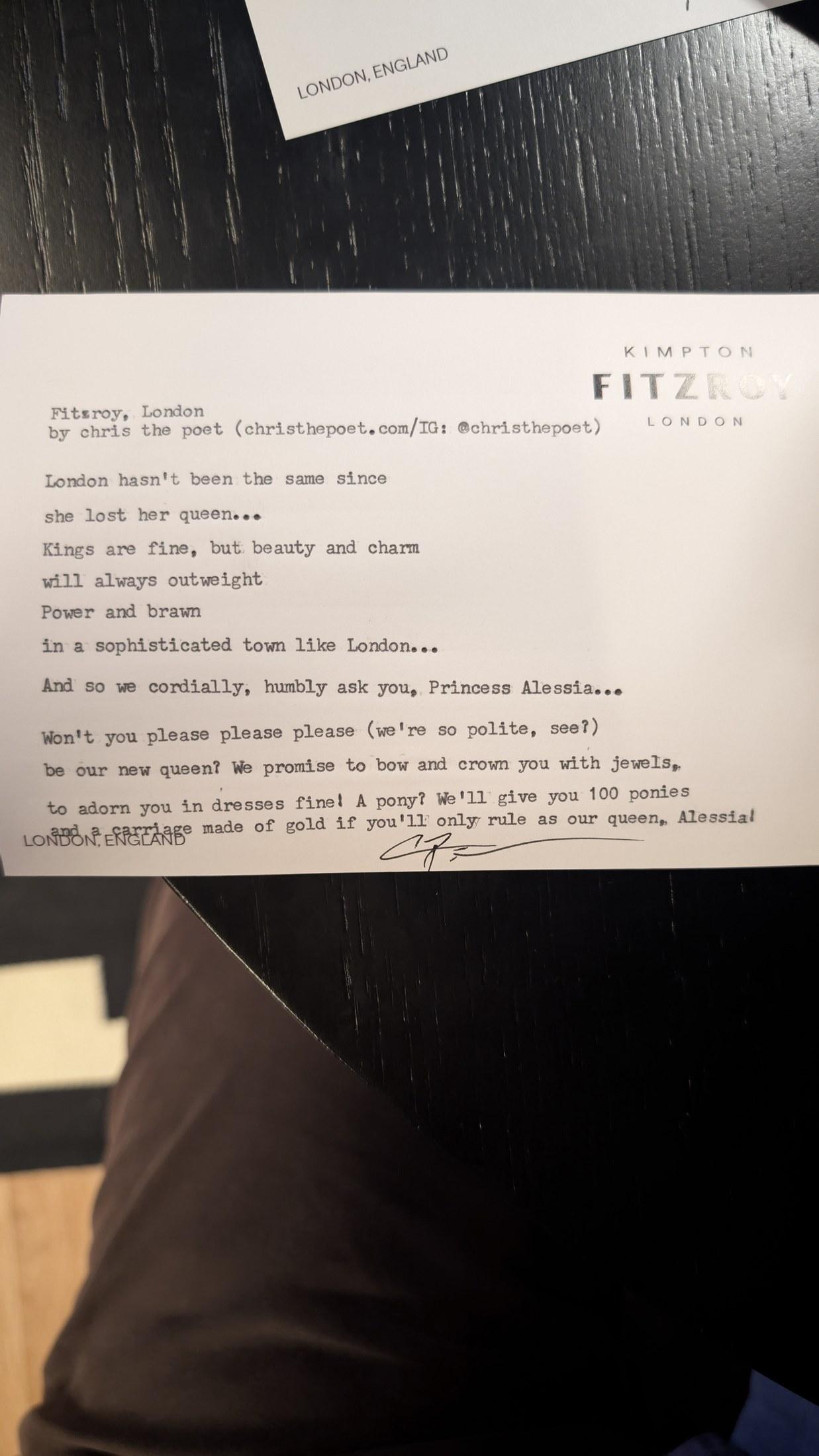 Original typewritten poem Fitzroy, London by Chris the Poet