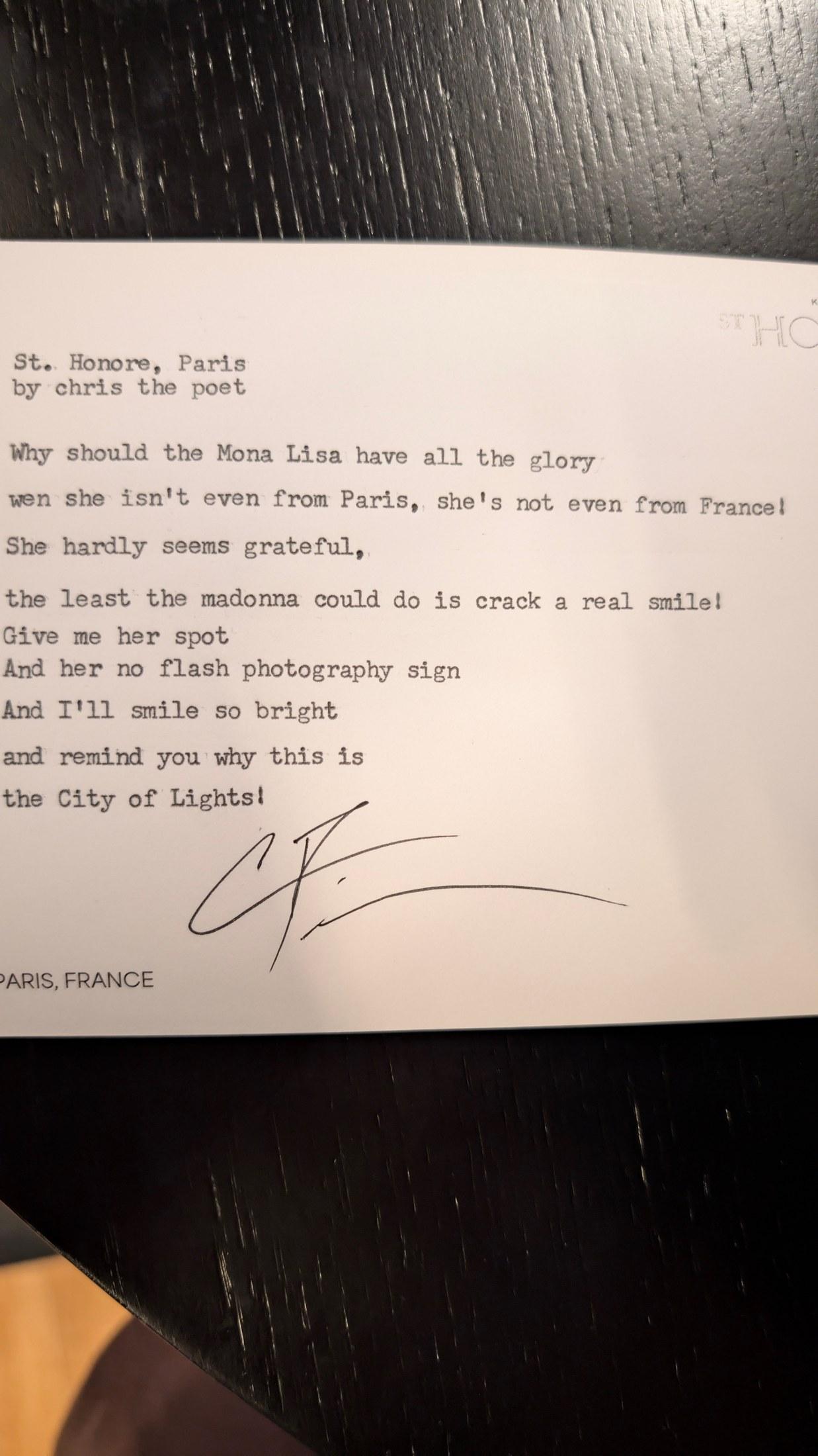 Original typewritten poem St. Honore, Paris by Chris the Poet