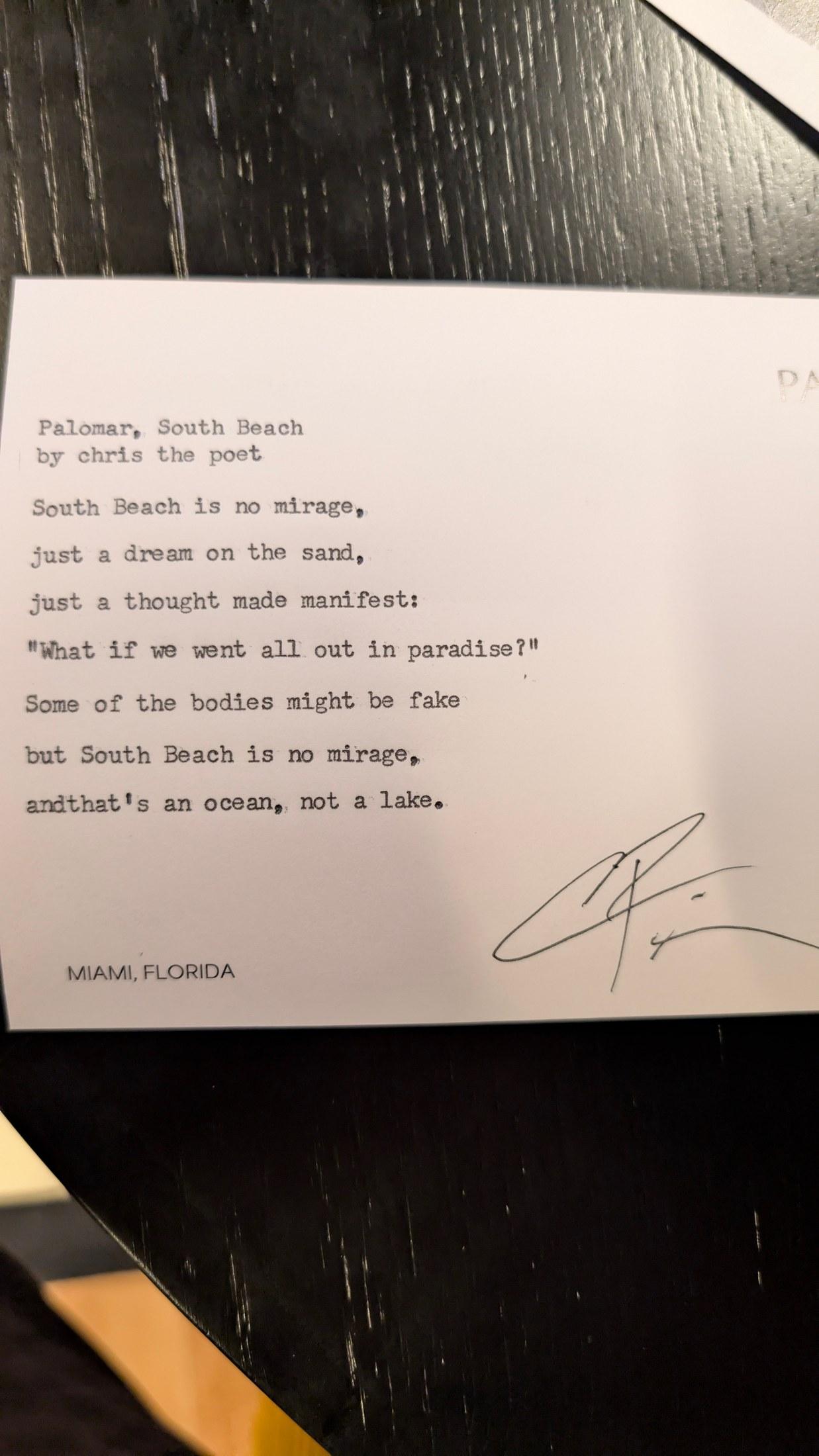 Original typewritten poem Palomar, South Beach by Chris the Poet